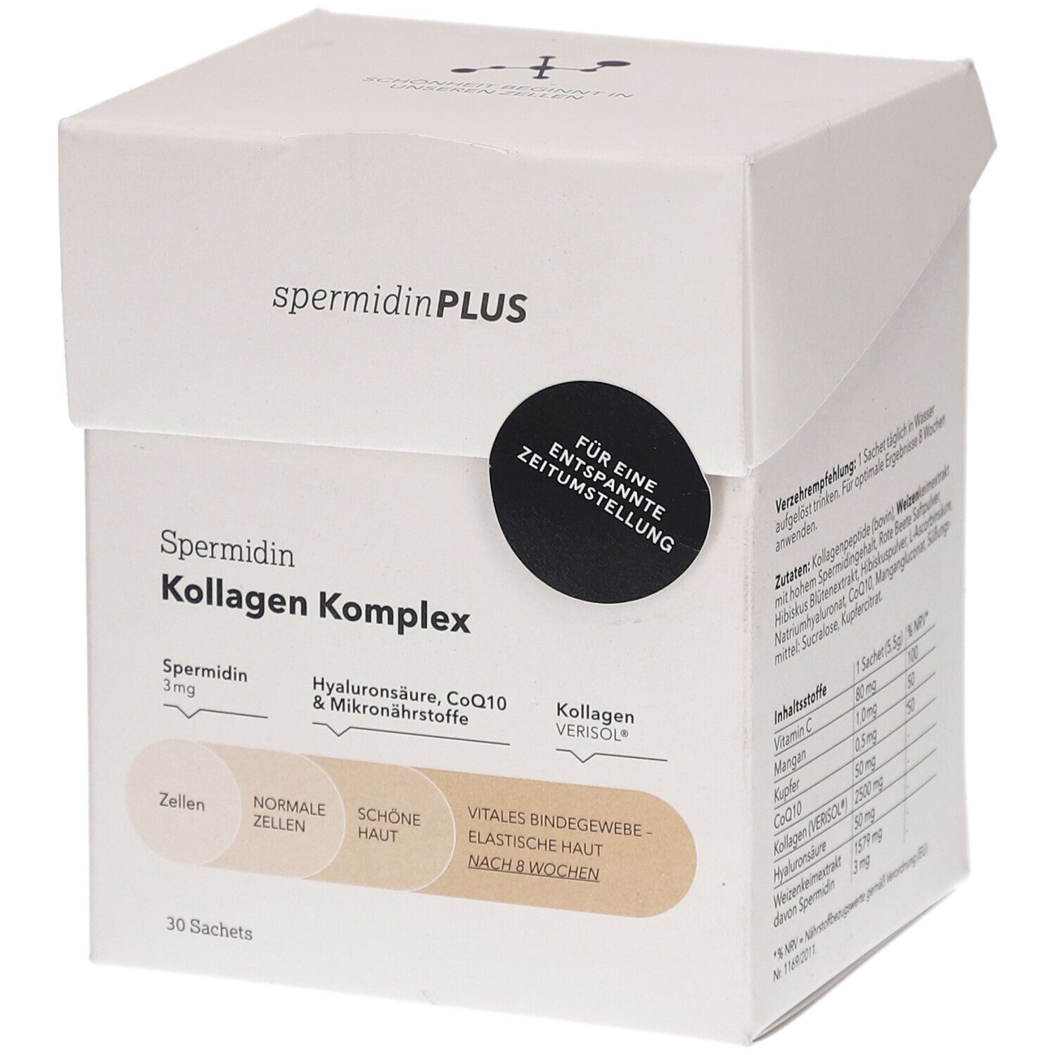 Boîte blanche SpermidinPLUS Kollagen Komplex. Contient 30 sachets. Ingrédients et informations nutritionnelles imprimés.