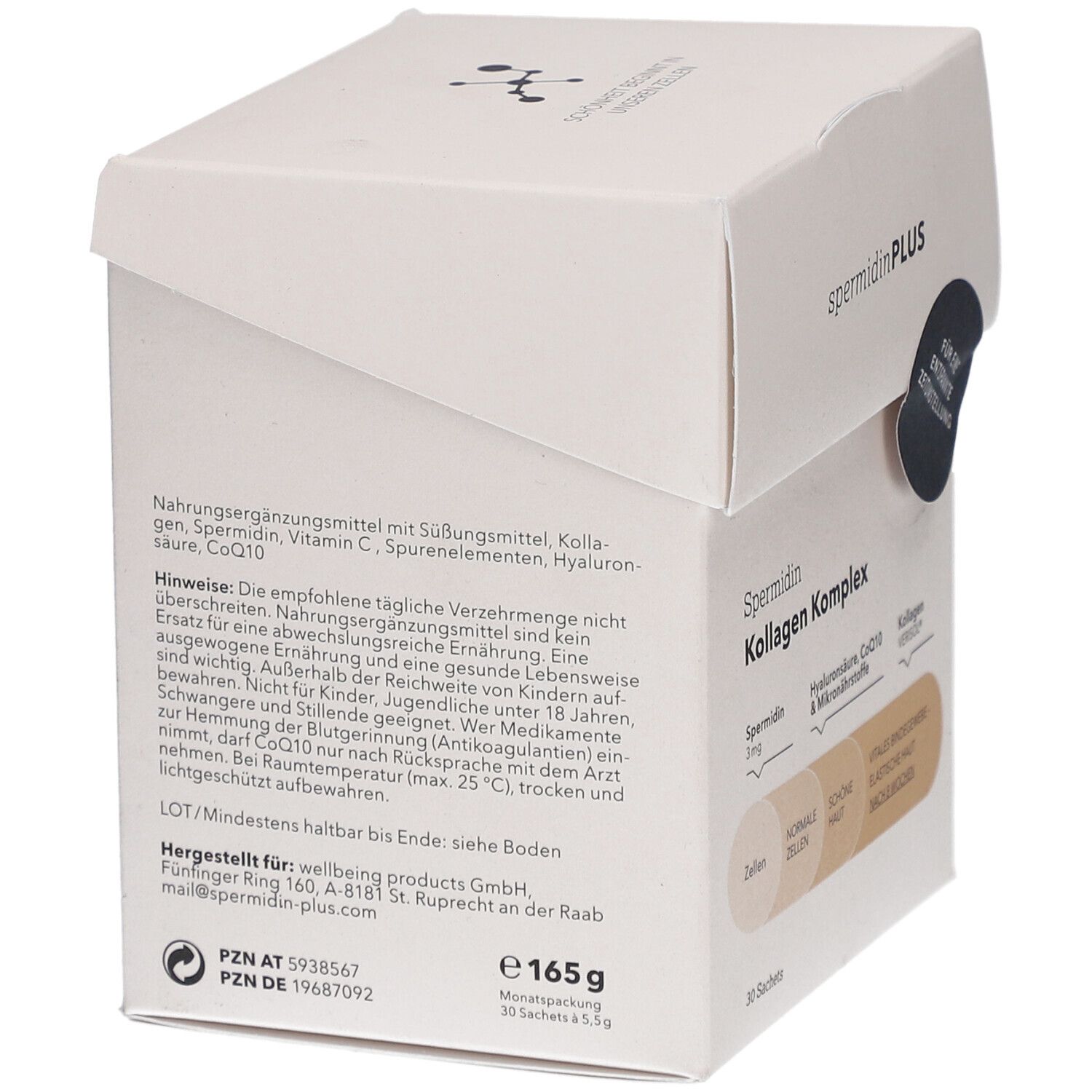 Emballage produit avec informations sur ingrédients et utilisation. Contient 165g. Informations fabricant et date de péremption.