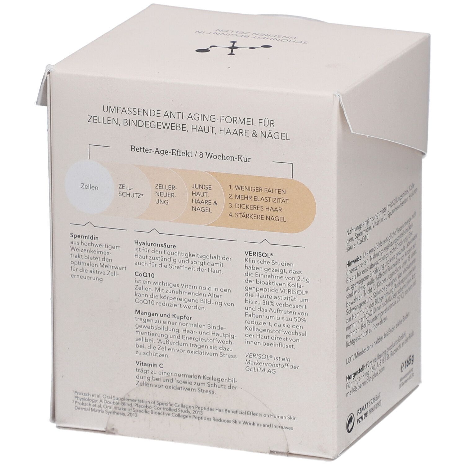 Emballage produit avec formule anti-âge pour cellules, tissu conjonctif, peau, cheveux et ongles. Informations sur les ingrédients et les effets.