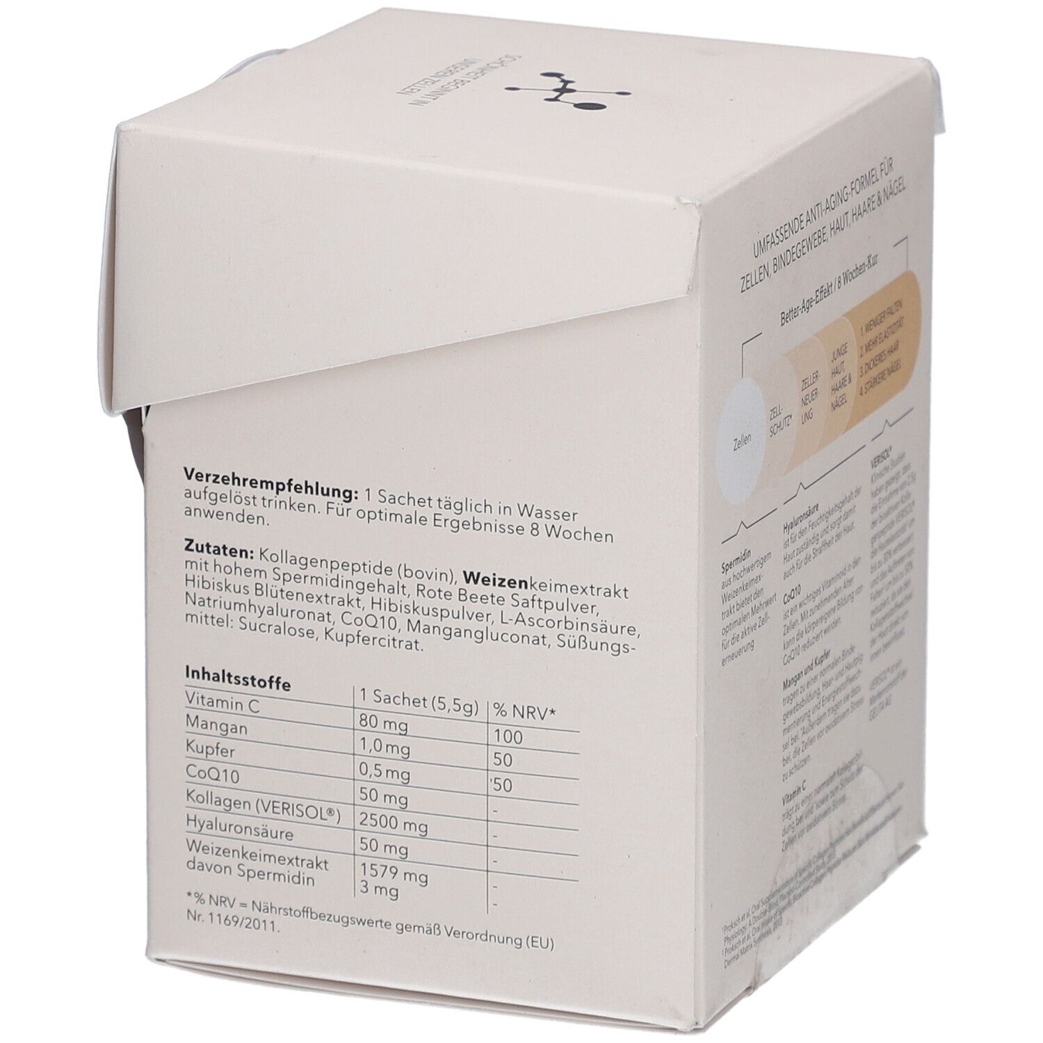 Emballage produit avec liste des ingrédients. Contient vitamine C, cuivre, collagène, acide hyaluronique, extrait de germe de blé et spermidine.