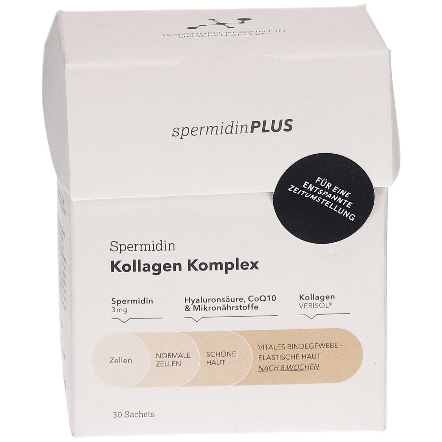 Boîte blanche SpermidinPLUS Kollagen Komplex. Contient 30 sachets. Ingrédients et informations nutritionnelles imprimés.