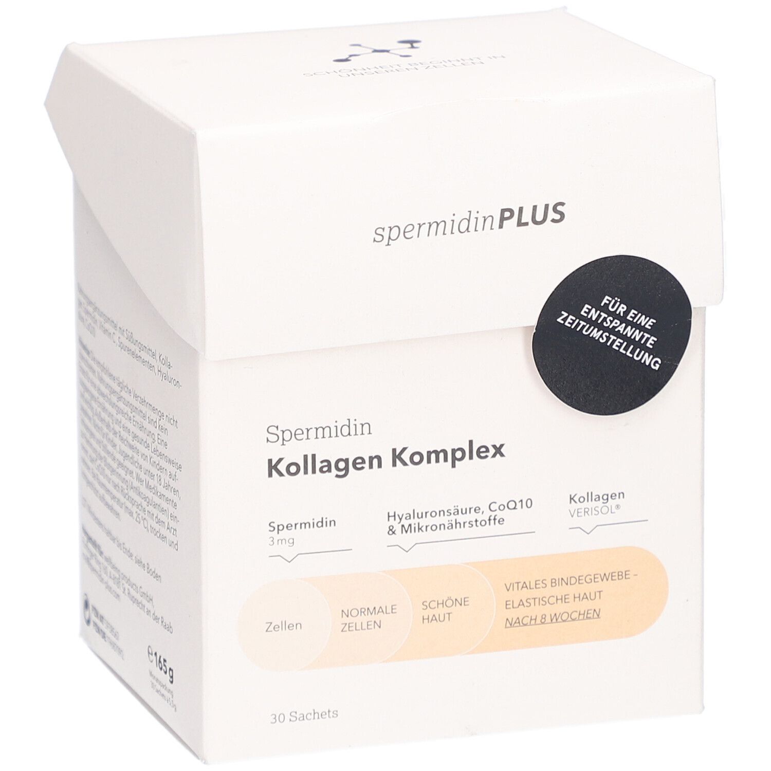 Boîte blanche SpermidinPLUS Kollagen Komplex. Contient 30 sachets. Ingrédients et informations nutritionnelles imprimés.