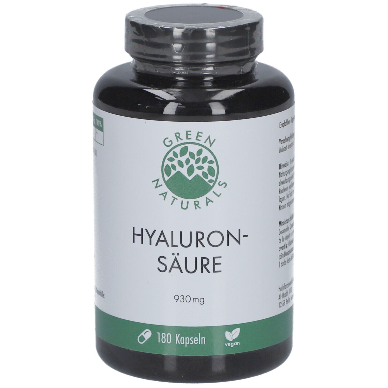 Flacon noir avec étiquette verte. Inscription: GREEN NATURALS Hyaluronsäure 930mg, 180 capsules, vegan.
