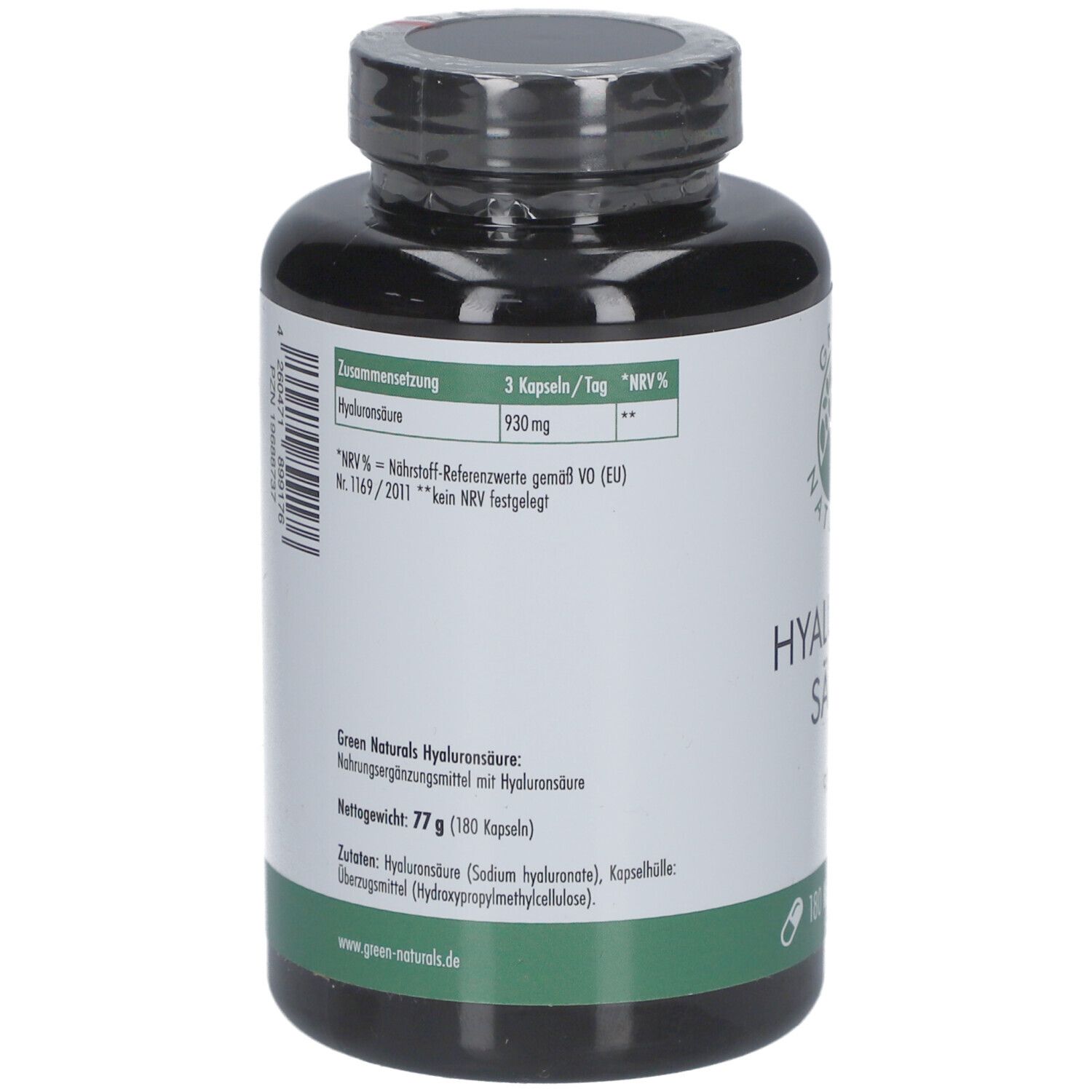 Dos du flacon noir. Étiquette avec ingrédients et informations nutritionnelles. Texte en allemand.
