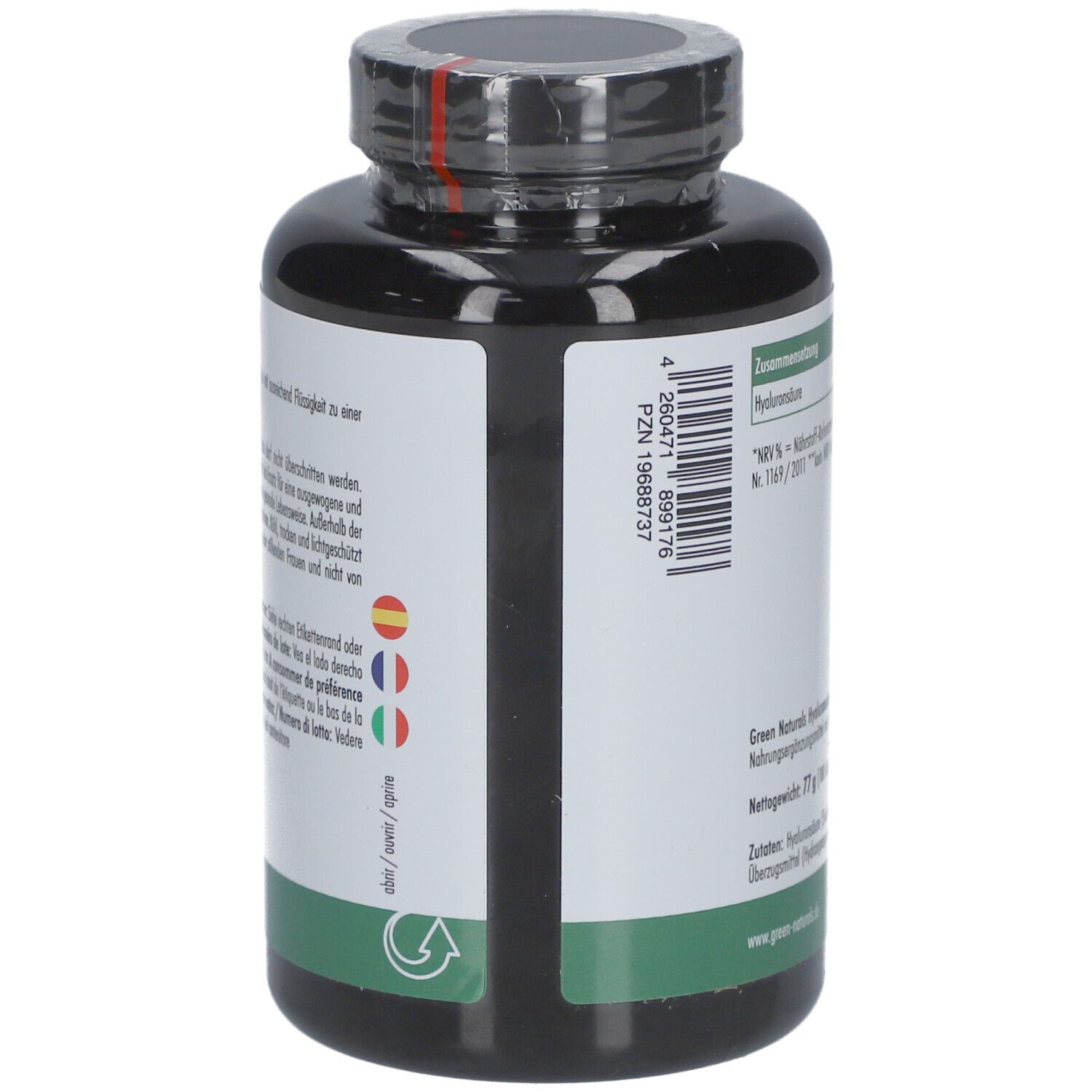 Dos du flacon noir. Étiquette avec ingrédients et numéro de lot. Texte en allemand.