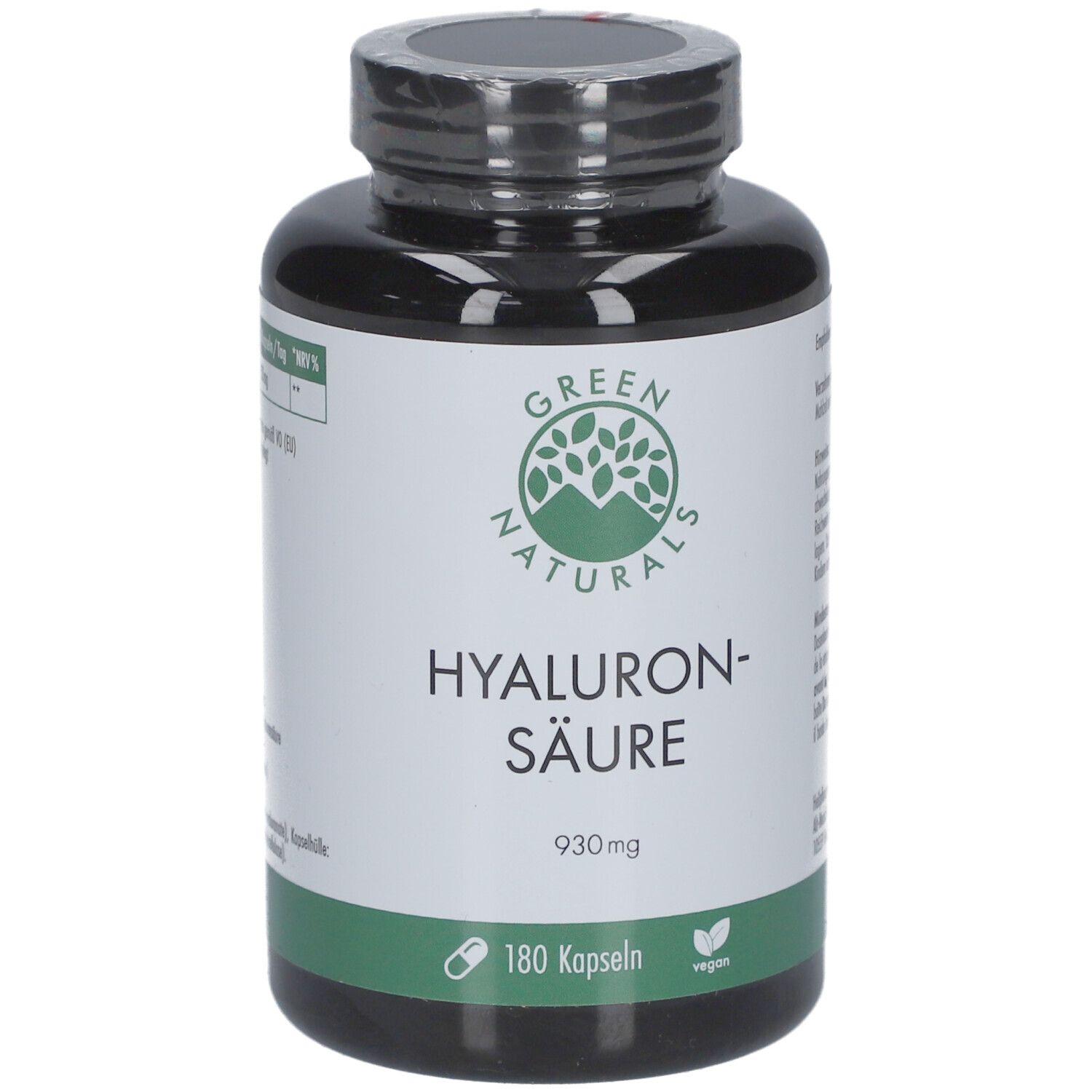 Flacon noir avec étiquette verte. Inscription: GREEN NATURALS Hyaluronsäure 930mg, 180 capsules, vegan.