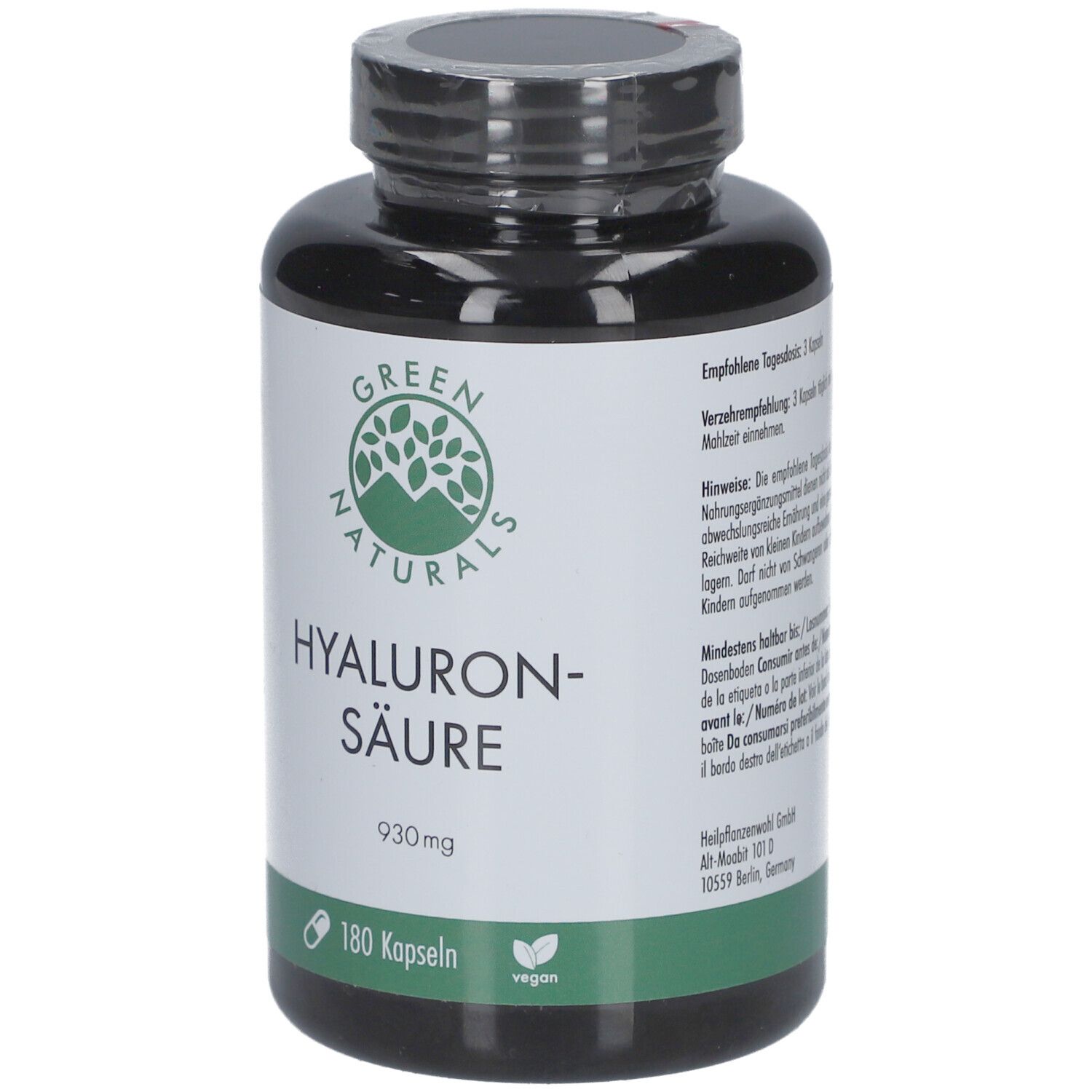 Flacon noir avec étiquette verte. Inscription: GREEN NATURALS Hyaluronsäure 930mg, 180 capsules, vegan.