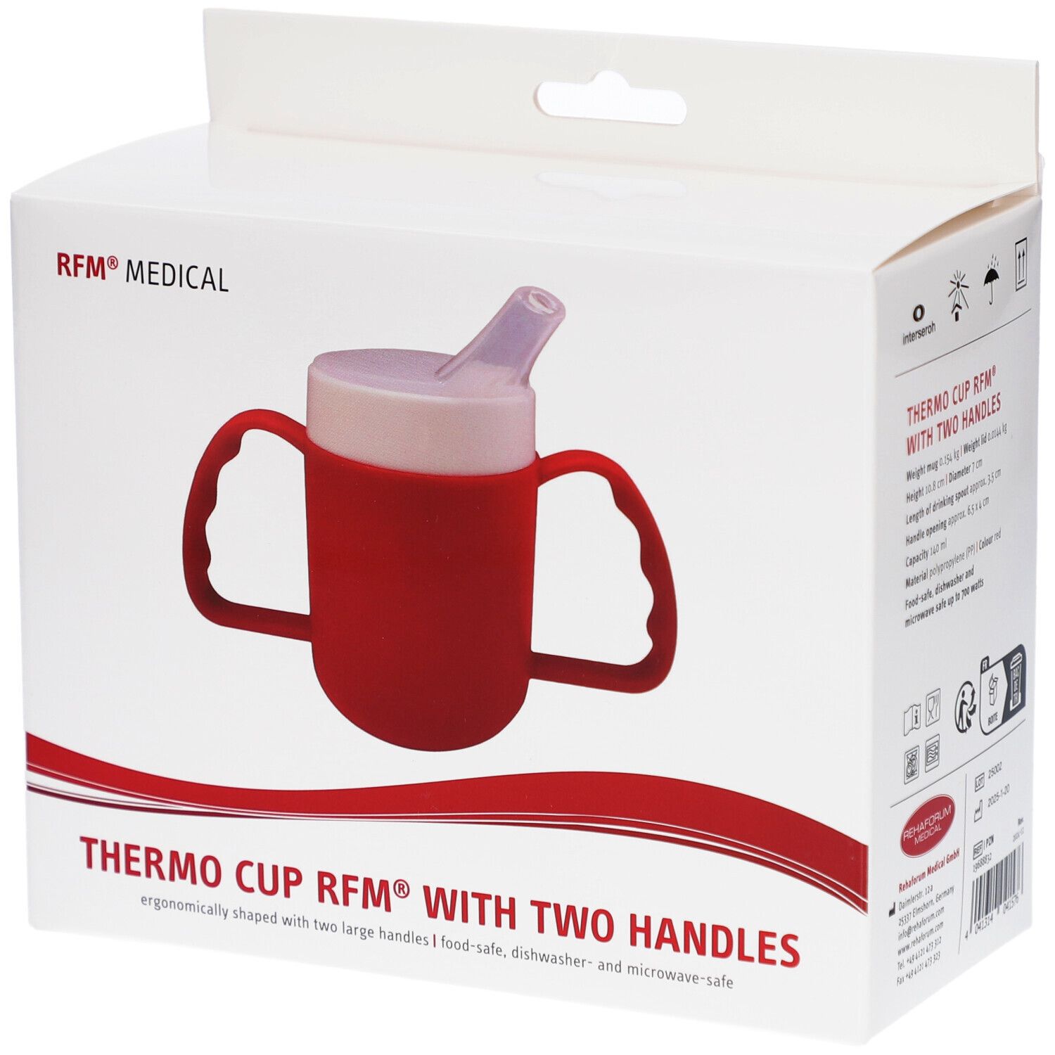 Roter Thermobecher mit zwei Henkeln in Verpackung. Aufdruck: RFM® MEDICAL, THERMO CUP RFM® WITH TWO HANDLES.