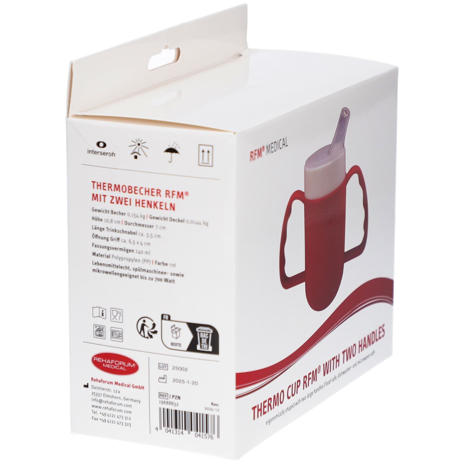 Verpackung des Thermobechers. Aufdruck: THERMOBECHER RFM® MIT ZWEI HENKELN, RFM® MEDICAL. Produktinformationen und Piktogramme.
