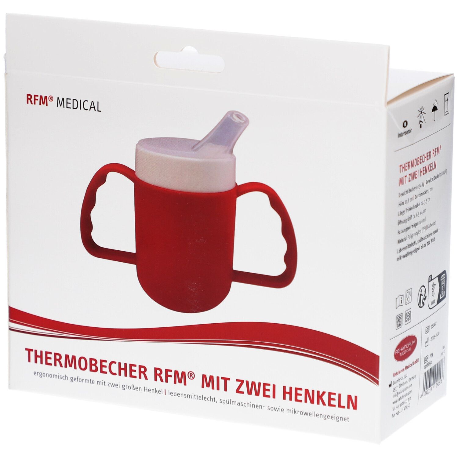 Roter Thermobecher mit zwei Henkeln in Verpackung. Aufdruck: RFM® MEDICAL, THERMOBECHER RFM® MIT ZWEI HENKELN.