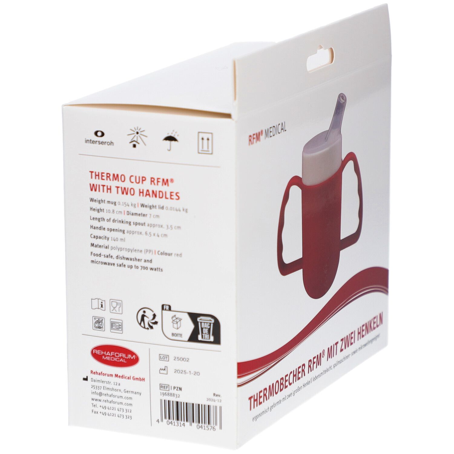 Verpackung des Thermobechers. Aufdruck: THERMOBECHER RFM® MIT ZWEI HENKELN, RFM® MEDICAL. Produktinformationen und Piktogramme.