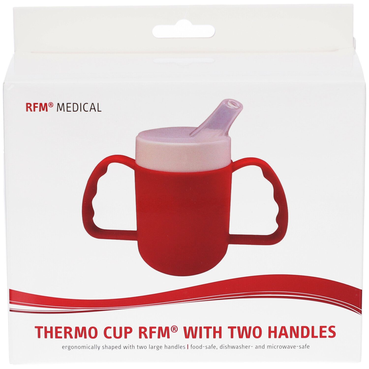 Roter Thermobecher mit zwei Henkeln in Verpackung. Aufdruck: RFM® MEDICAL, THERMO CUP RFM® WITH TWO HANDLES.