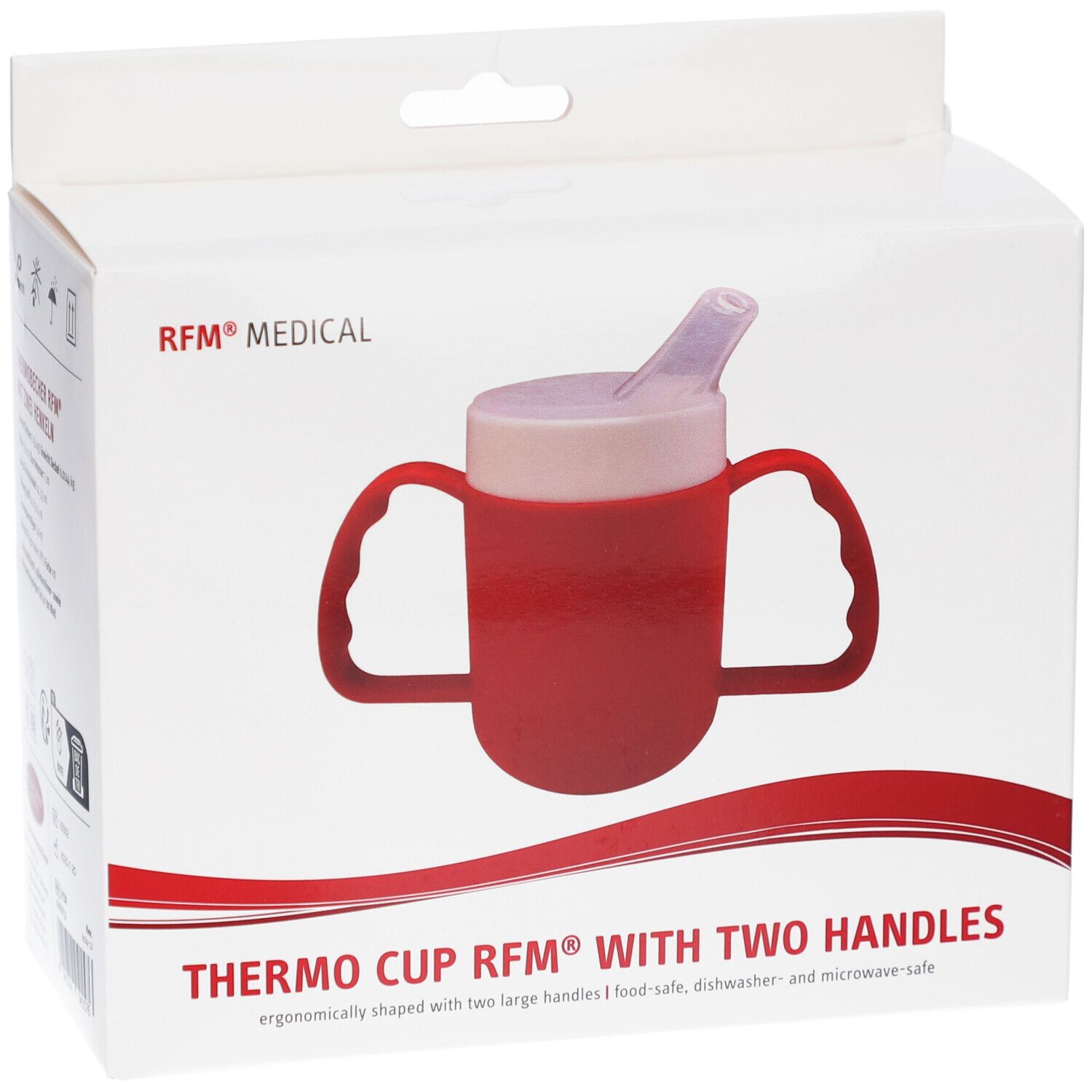 Roter Thermobecher mit zwei Henkeln in Verpackung. Aufdruck: RFM® MEDICAL, THERMO CUP RFM® WITH TWO HANDLES.