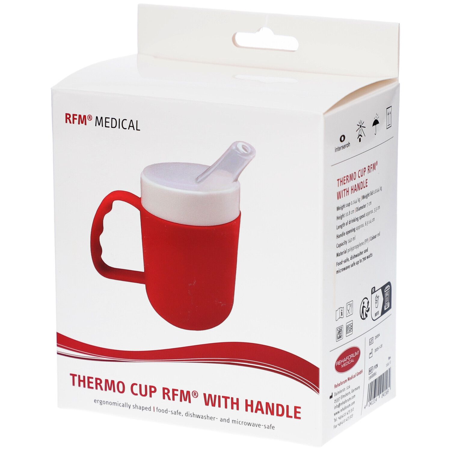 Rote Thermobecher mit Henkel in Verpackung. Weißer Deckel mit Trinkhalm. Griff. RFM® MEDICAL Logo.