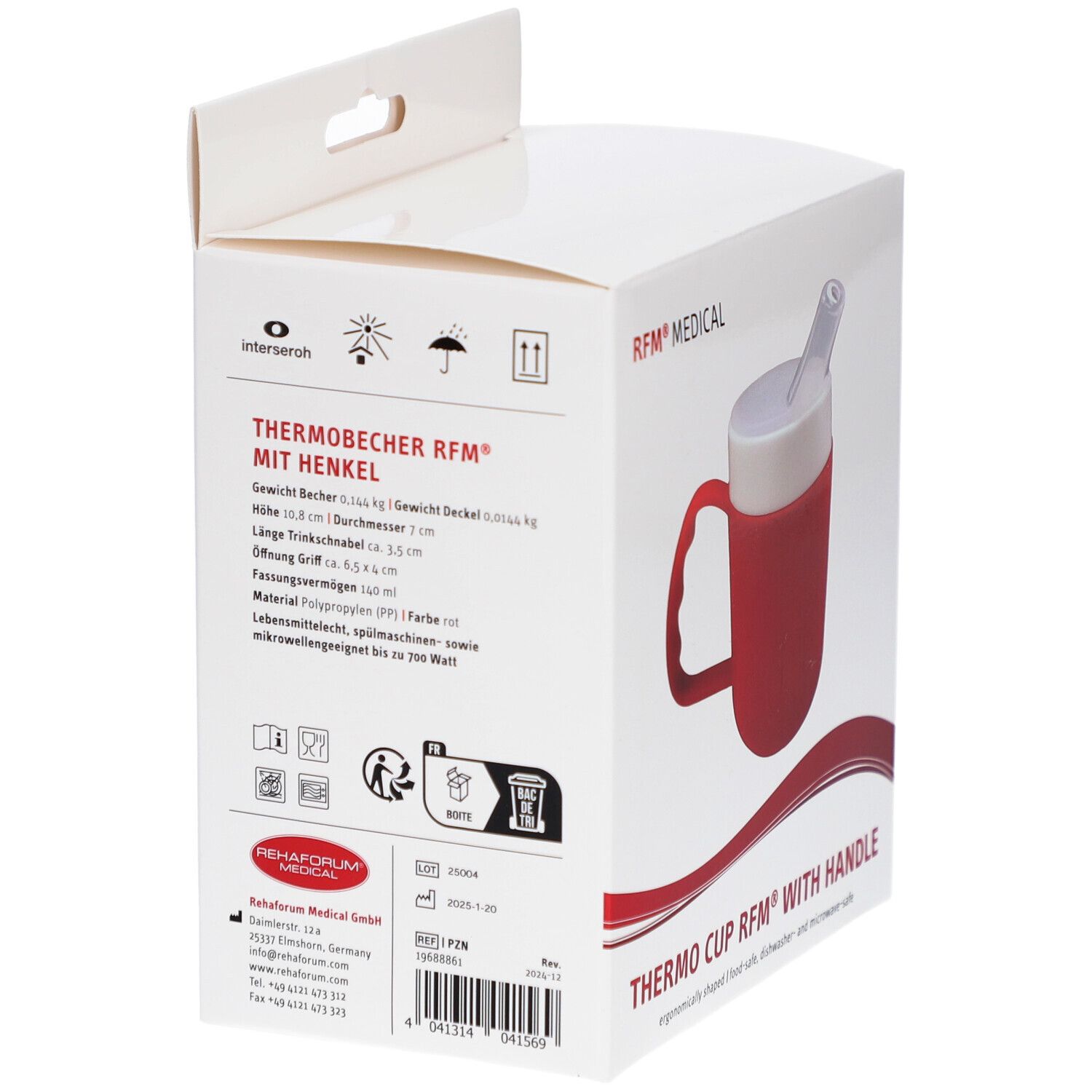 Rückseite der Verpackung. Thermobecher mit Henkel. Produktinformationen, Logos und Piktogramme. RFM® MEDICAL.