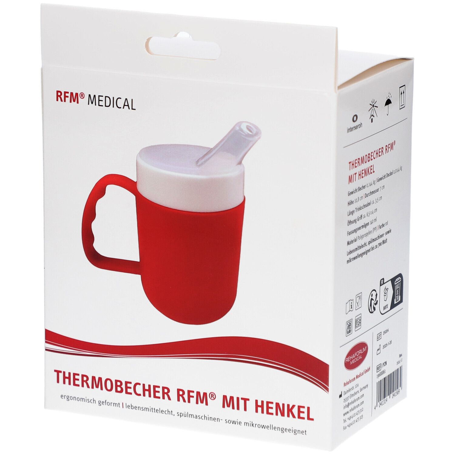 Rote Thermobecher mit Henkel in Verpackung. Weißer Deckel mit Trinkhalm. Griff. RFM® MEDICAL Logo.