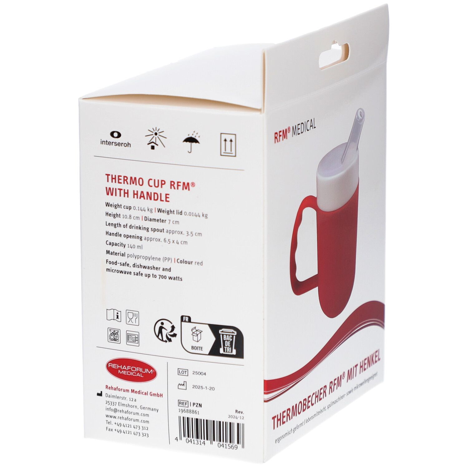 Rückseite der Verpackung. Thermobecher mit Henkel. Produktinformationen, Logos und Piktogramme. RFM® MEDICAL.