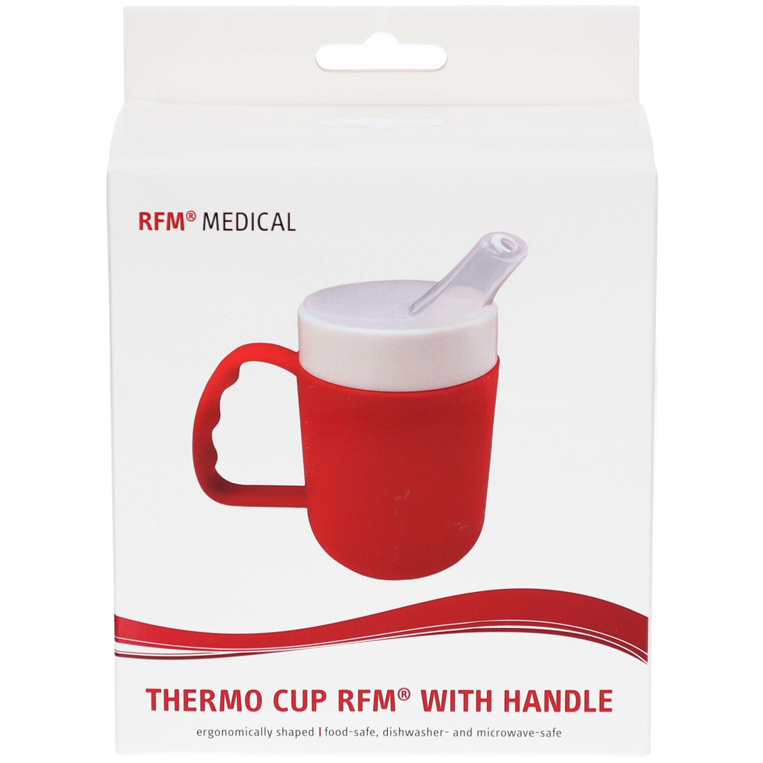 Rote Thermobecher mit Henkel in Verpackung. Weißer Deckel mit Trinkhalm. Griff. RFM® MEDICAL Logo.