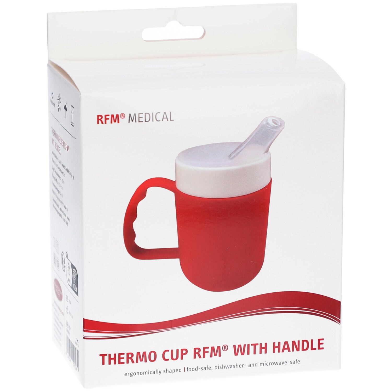 Rote Thermobecher mit Henkel in Verpackung. Weißer Deckel mit Trinkhalm. Griff. RFM® MEDICAL Logo.
