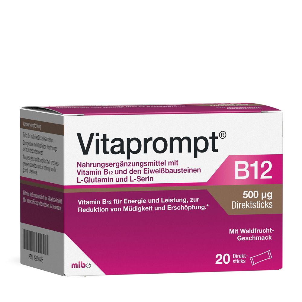 Boîte Vitaprompt B12. Rose et blanche, avec informations et 20 sticks. Contient de la vitamine B12.