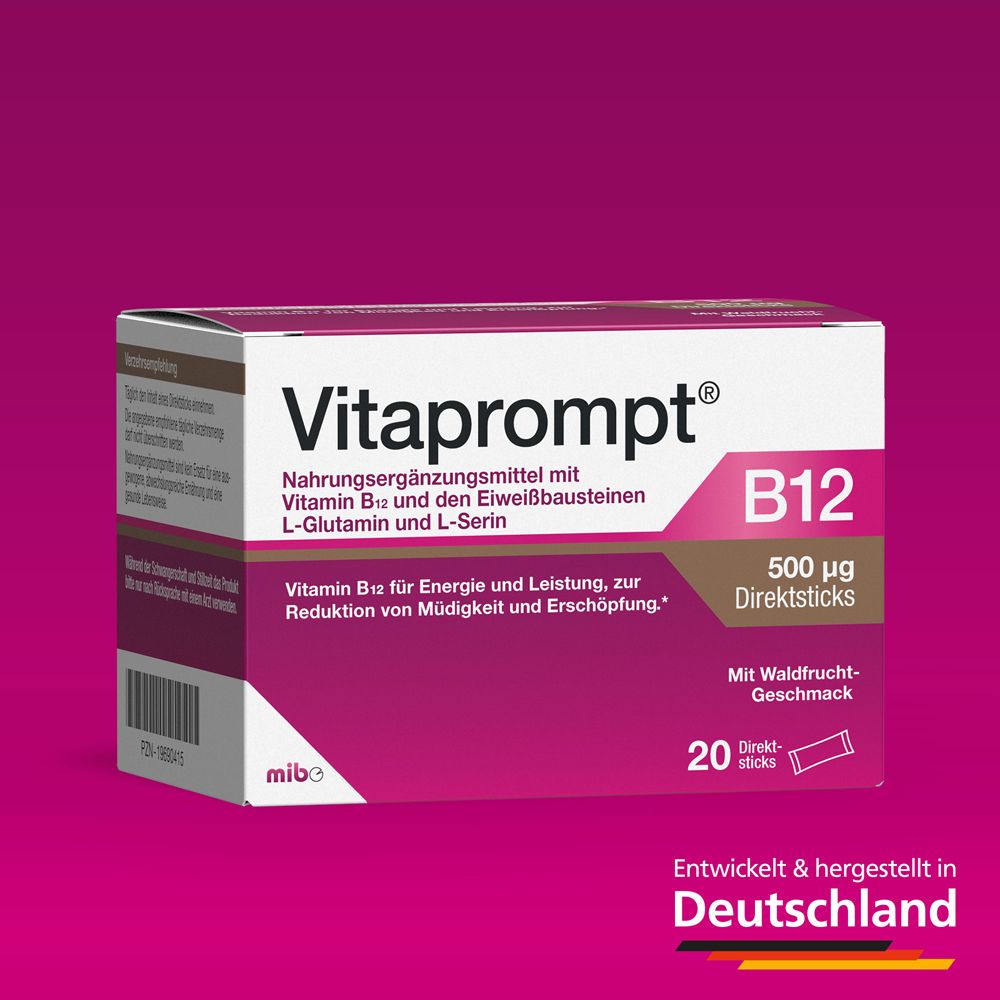Boîte Vitaprompt B12. Rose et blanche, avec informations. Fabriqué en Allemagne.