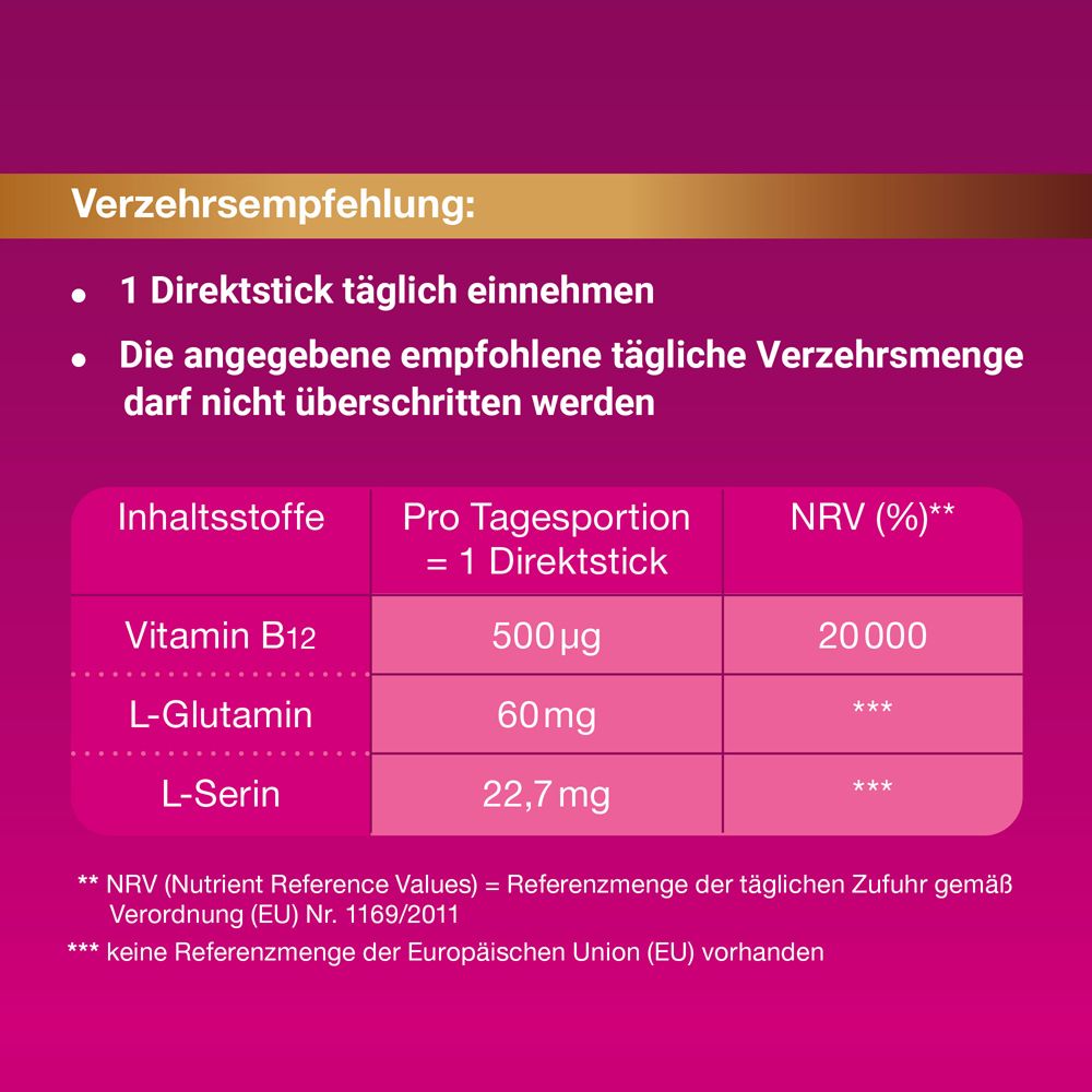 Posologie : 1 stick par jour. Ingrédients : Vitamine B12, L-Glutamine, L-Sérine.