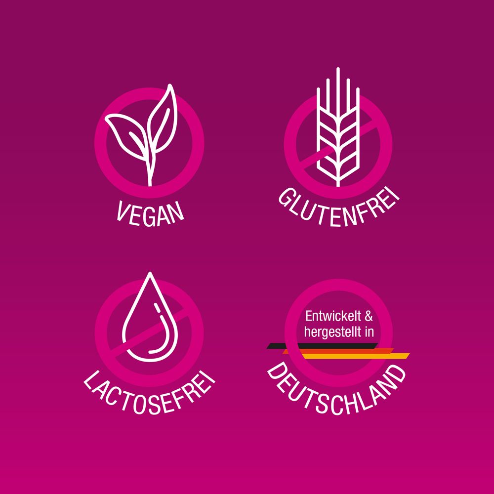 Symbole: Vegan, glutenfrei, laktosefrei. Hergestellt in Deutschland.