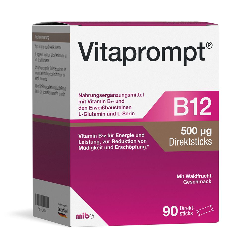 Boîte de Vitaprompt® B12. Contient 90 sticks. Inscription : B12 500 μg Direktsticks. Goût fruits des bois.