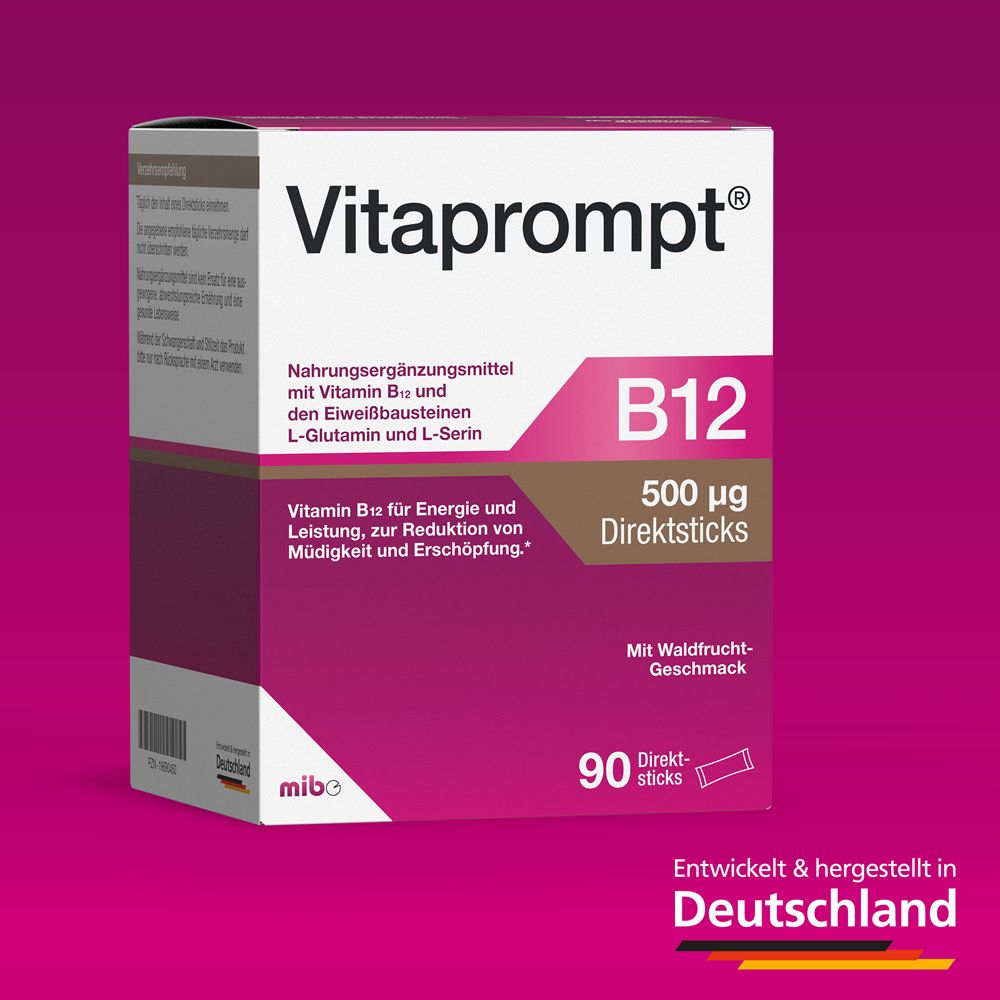 Boîte de Vitaprompt® B12. Inscription : B12 500 μg Direktsticks. Goût fruits des bois. Fabriqué en Allemagne.
