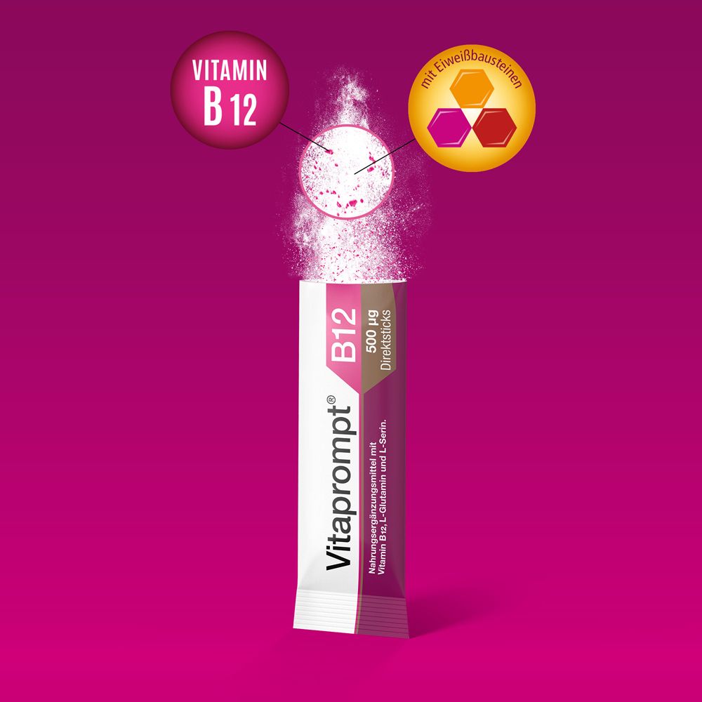 Stick de Vitaprompt® B12. Inscription : B12 500 μg Direktsticks. Avec vitamine B12 et éléments constitutifs de protéines.