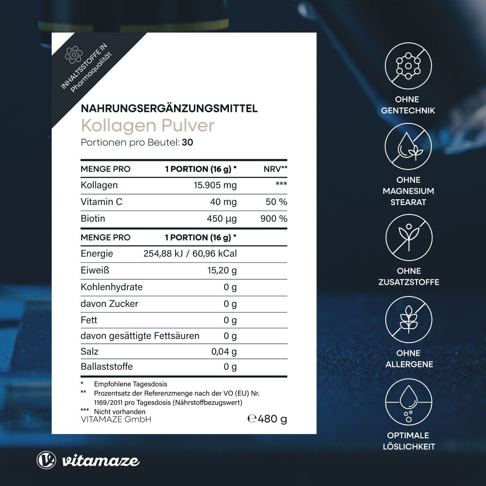 Tableau des compléments alimentaires. Ingrédients, valeurs nutritionnelles, portions. Marque Vitamaze. 480g.