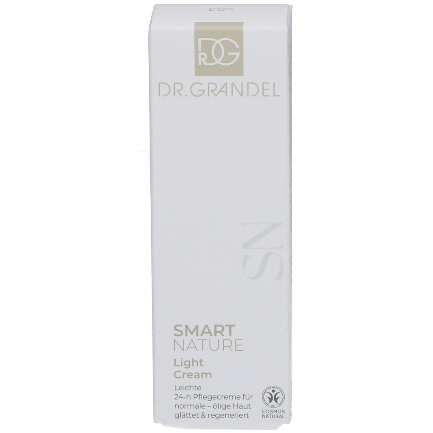 Weiße Produktverpackung. Aufschrift: DR. GRANDEL, SMART NATURE Light Cream. Leichte 24-h Pflegecreme für normale - ölige Haut.