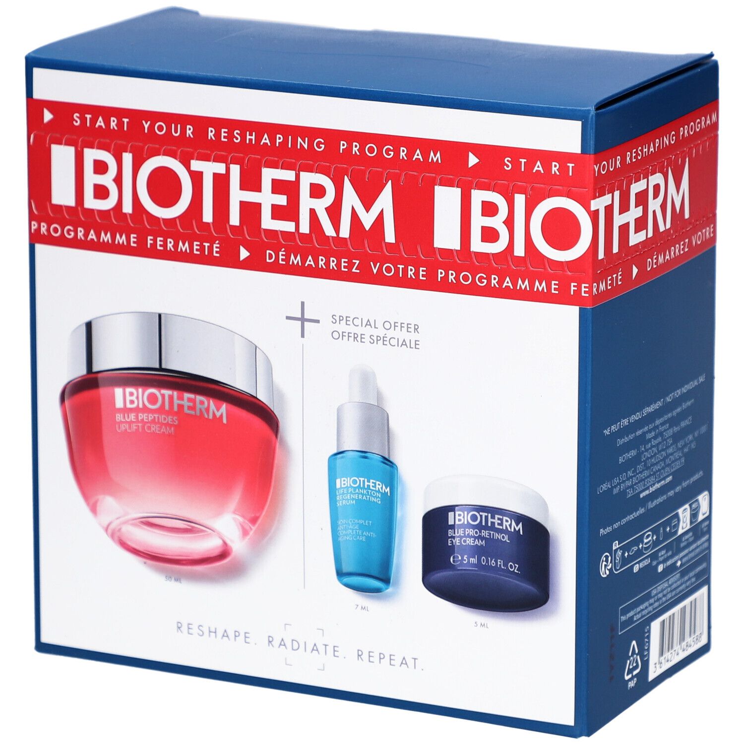 Coffret cosmétique bleu et rouge avec trois produits. Logo BIOTHERM et noms de produits visibles. Emballage avec texte rouge et bleu.