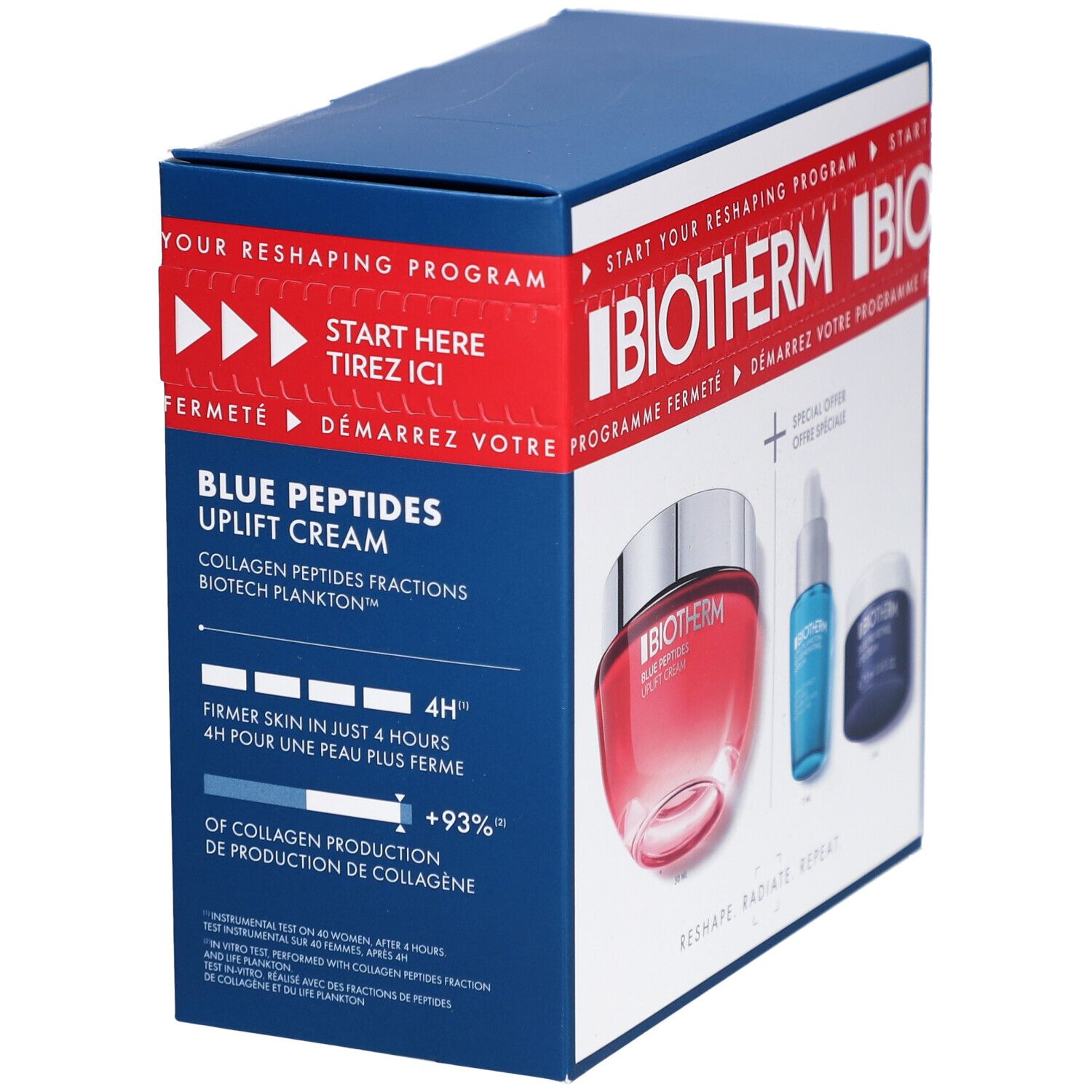 Emballage bleu avec logo BIOTHERM et noms de produits. Contient trois produits. Texte: Blue Peptides Uplift Cream, Collagen Peptides Fractions.