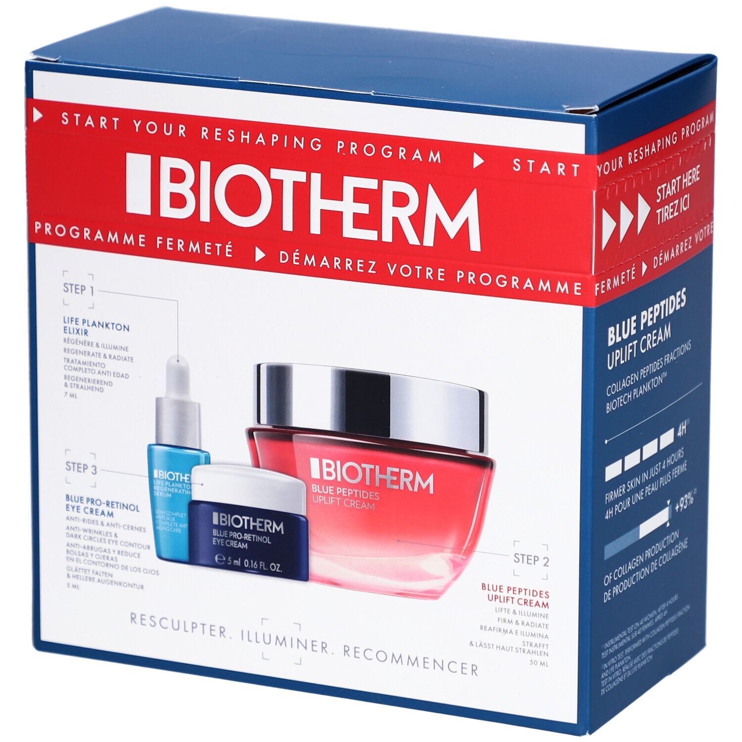 Coffret bleu et rouge avec trois produits cosmétiques. Logo BIOTHERM et noms de produits visibles. Emballage avec texte rouge et bleu.