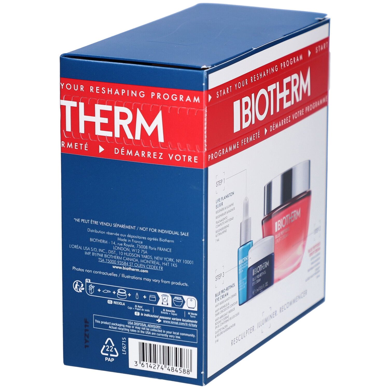 Emballage bleu avec logo BIOTHERM et noms de produits. Contient trois produits. Texte: Blue Peptides Uplift Cream, Collagen Peptides Fractions.