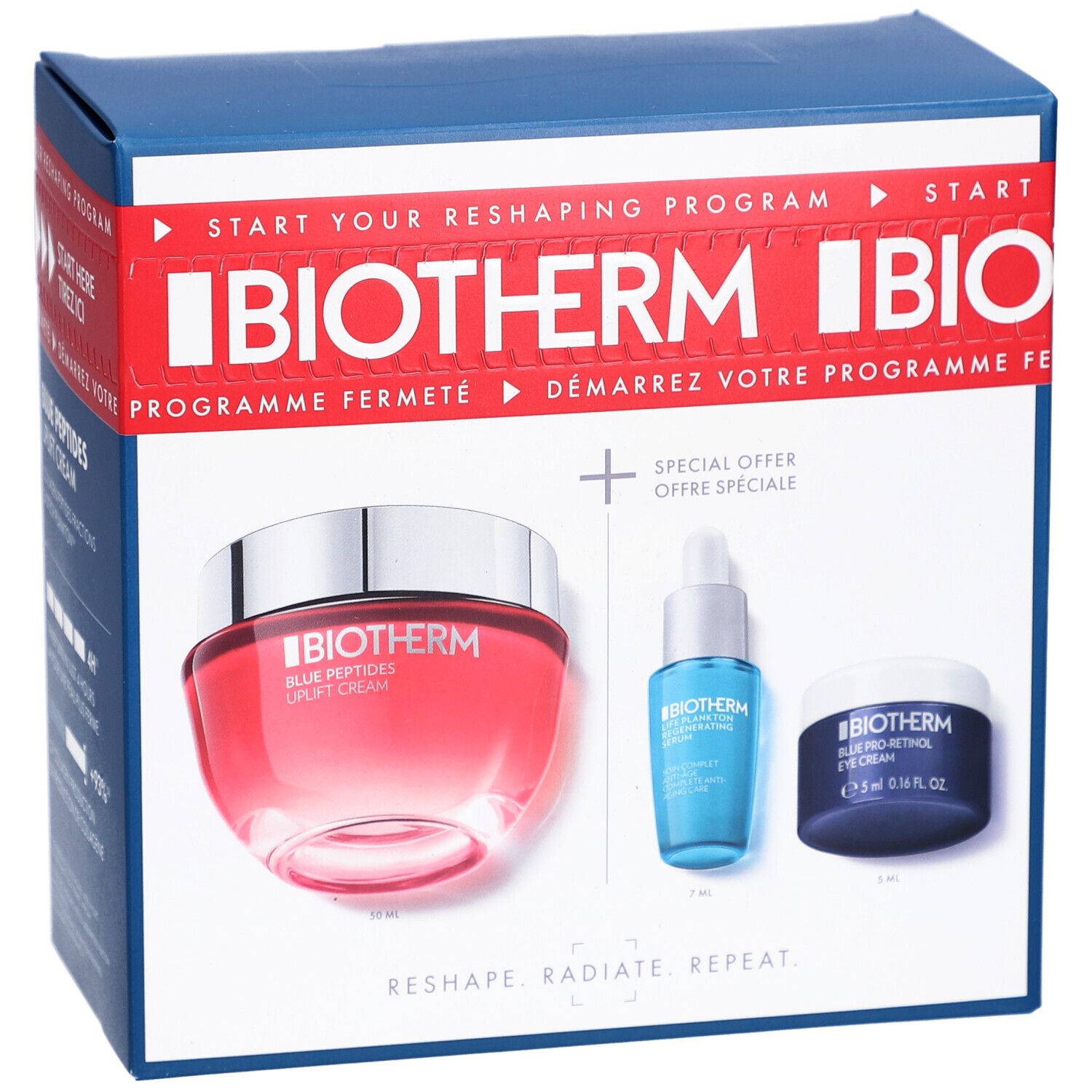 Coffret bleu et rouge avec trois produits cosmétiques. Logo BIOTHERM et noms de produits visibles. Emballage avec texte rouge et bleu.
