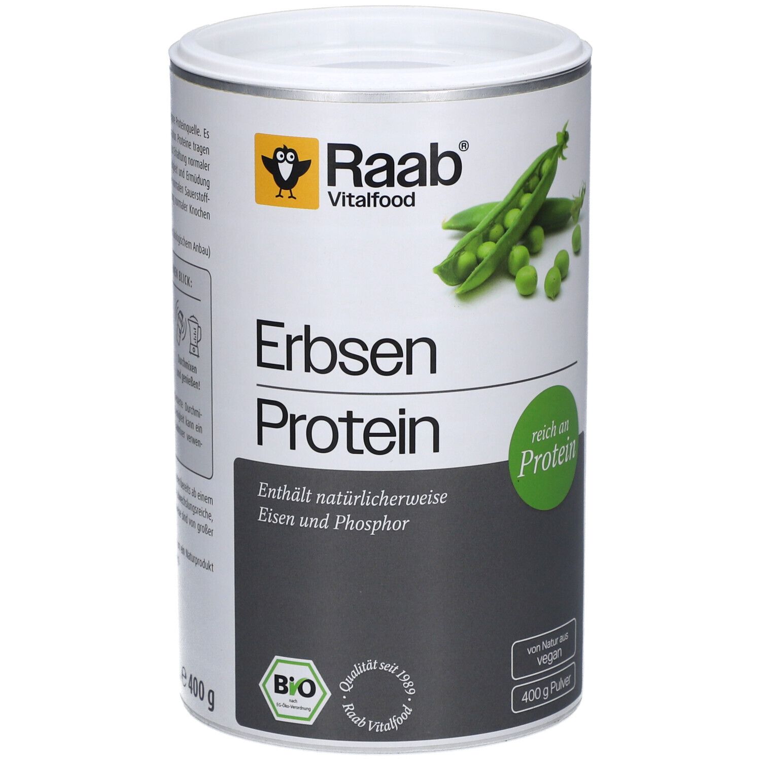 Dose mit Raab Vitalfood Bio Erbsenprotein Pulver. Aufschrift: Erbsen Protein, reich an Protein, Bio-Siegel, 400g.