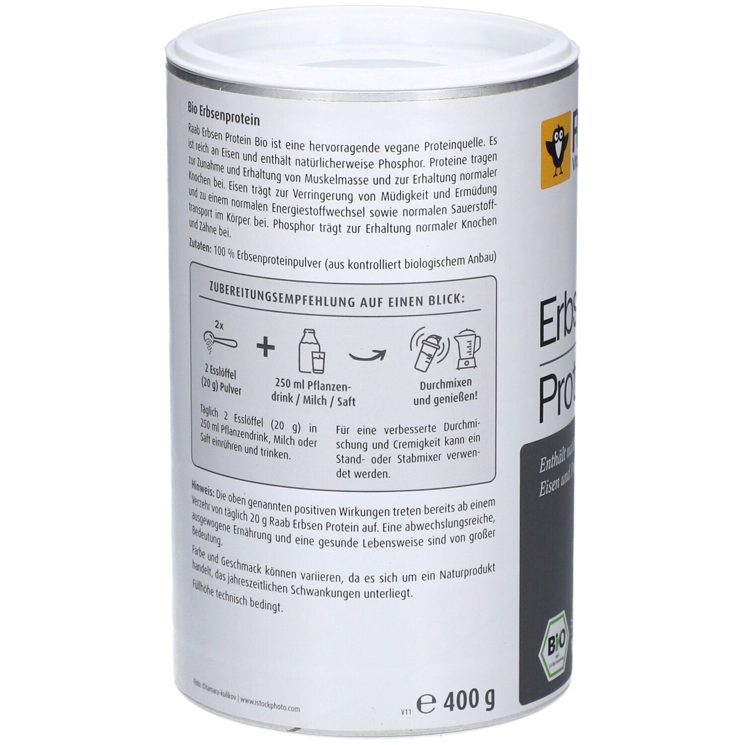 Rückseite der Dose mit Raab Vitalfood Bio Erbsenprotein Pulver. Text über vegane Proteine, Zubereitungsempfehlung, Bio-Siegel, 400g.