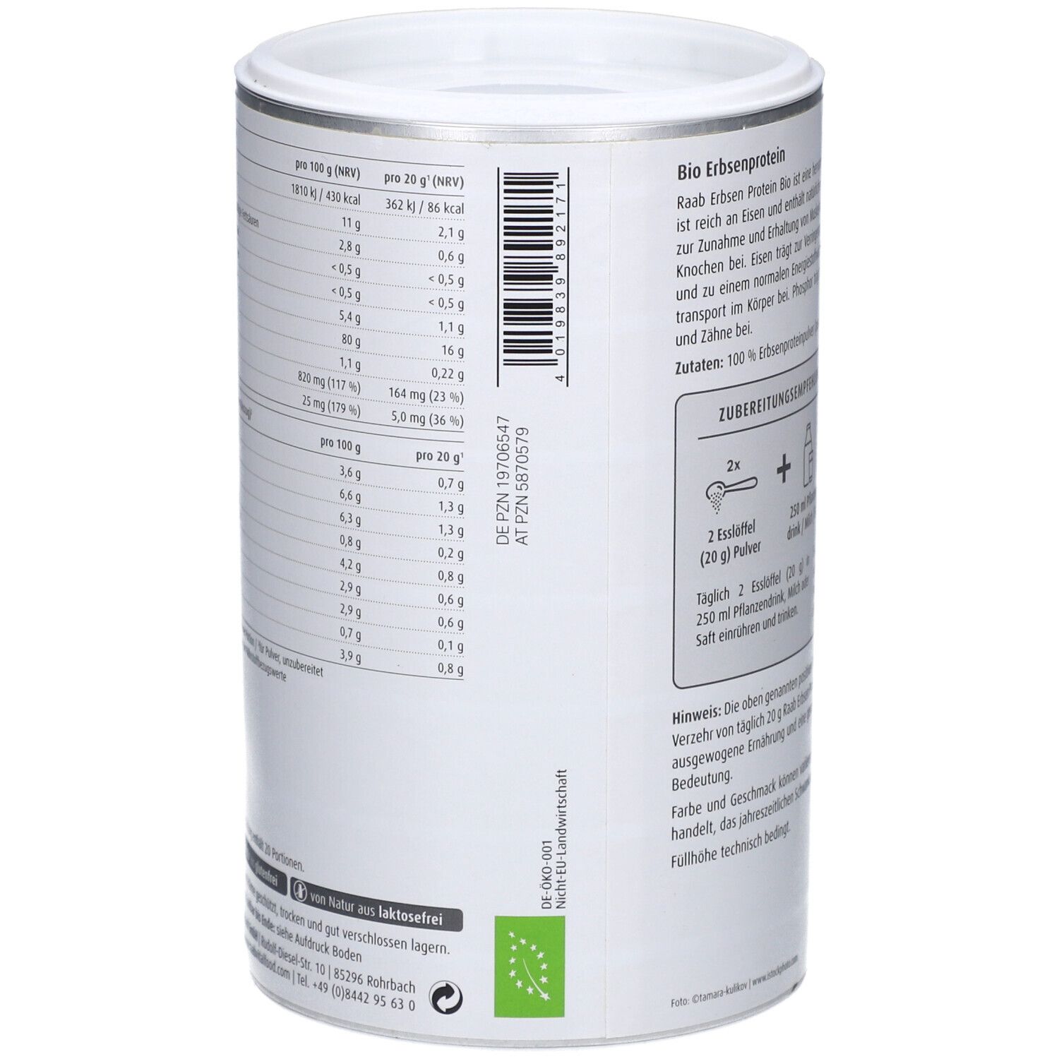 Seite der Dose mit Raab Vitalfood Bio Erbsenprotein Pulver. Nährwerttabelle, Barcode, Bio-Siegel, 400g.