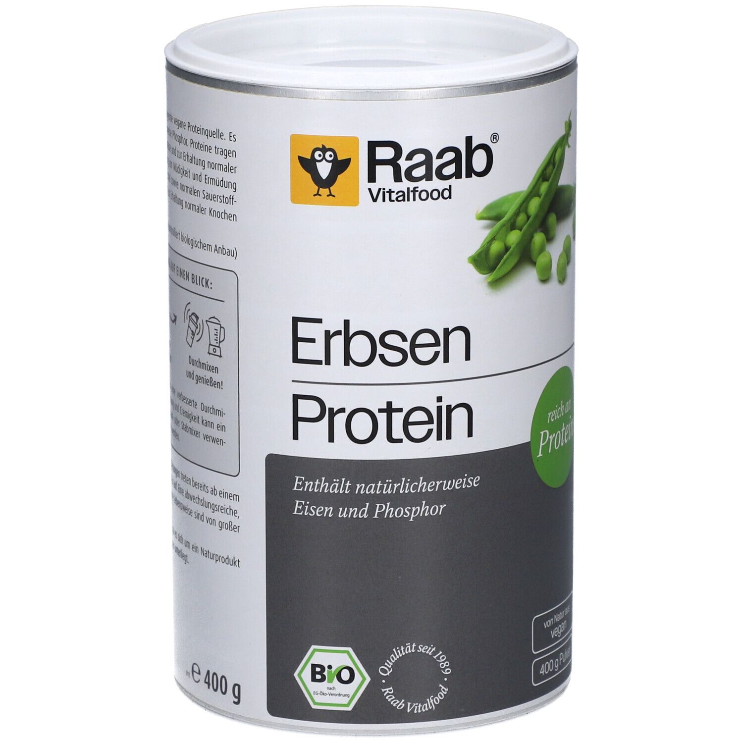 Dose mit Raab Vitalfood Bio Erbsenprotein Pulver. Aufschrift: Erbsen Protein, reich an Protein, Bio-Siegel, 400g.