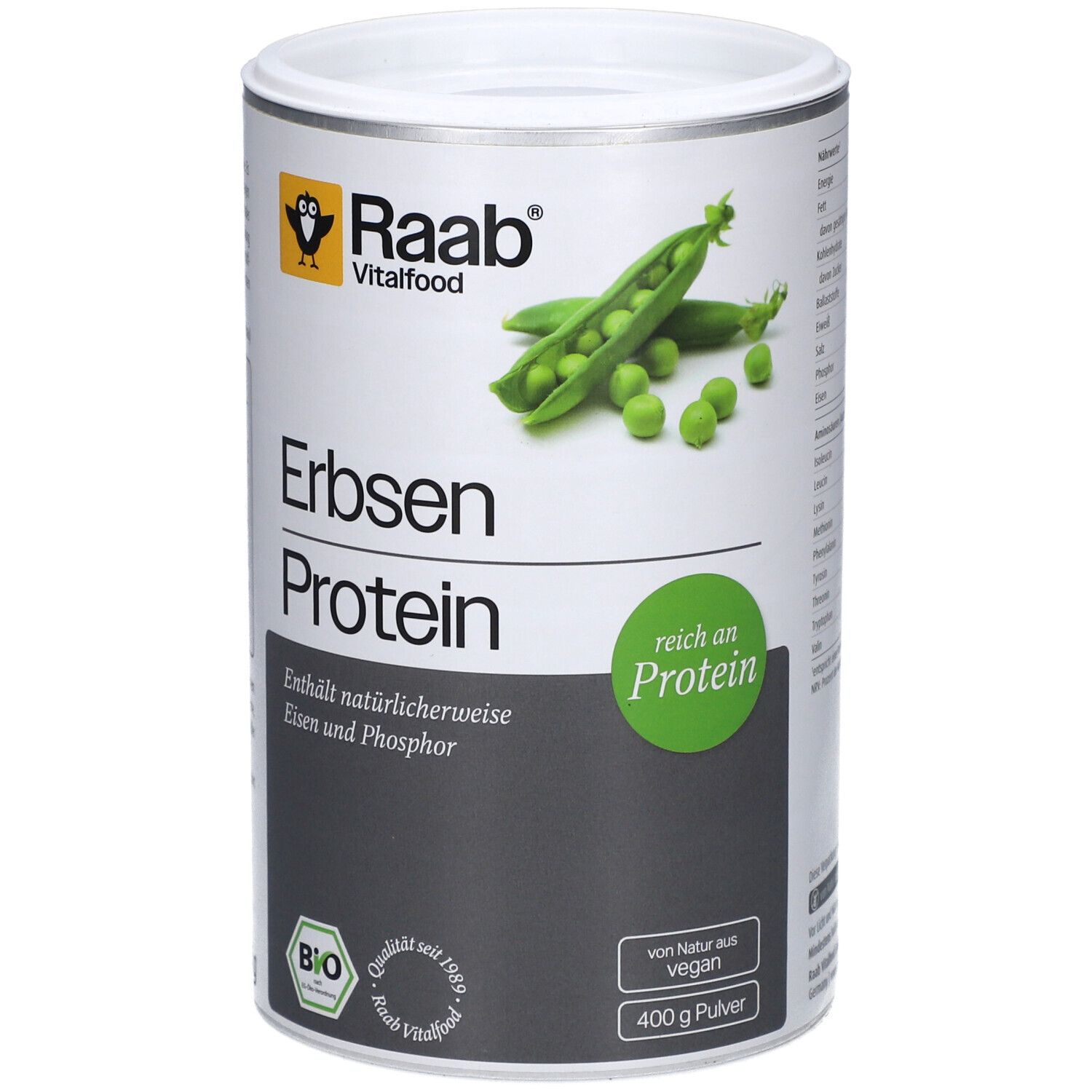Dose mit Raab Vitalfood Bio Erbsenprotein Pulver. Aufschrift: Erbsen Protein, reich an Protein, Bio-Siegel, 400g.