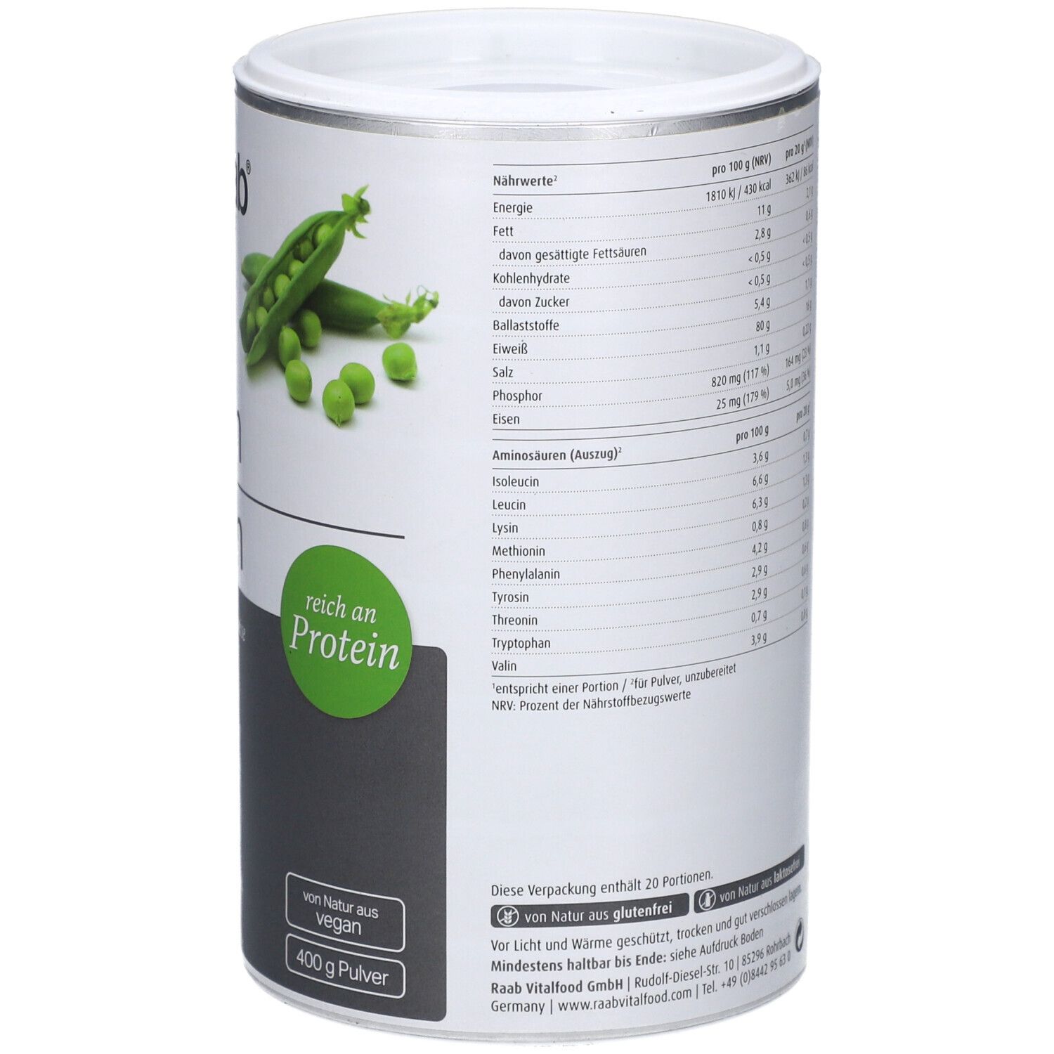 Seite der Dose mit Raab Vitalfood Bio Erbsenprotein Pulver. Nährwerttabelle, vegan, glutenfrei, 400g.
