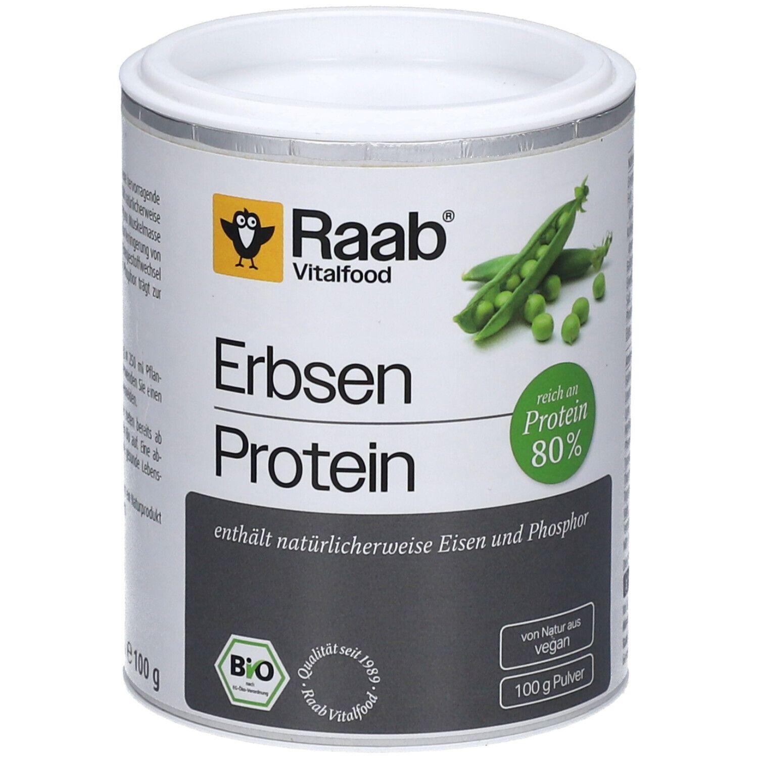 Boîte de poudre de protéine de pois Raab Vitalfood Bio. Contient 80% de protéines. Végétalien, label bio, 100g.