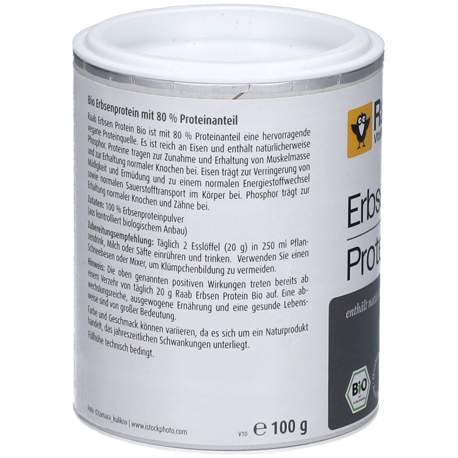 Boîte de poudre de protéine de pois Raab Vitalfood Bio. Texte avec informations nutritionnelles et instructions. Label bio, 100g.