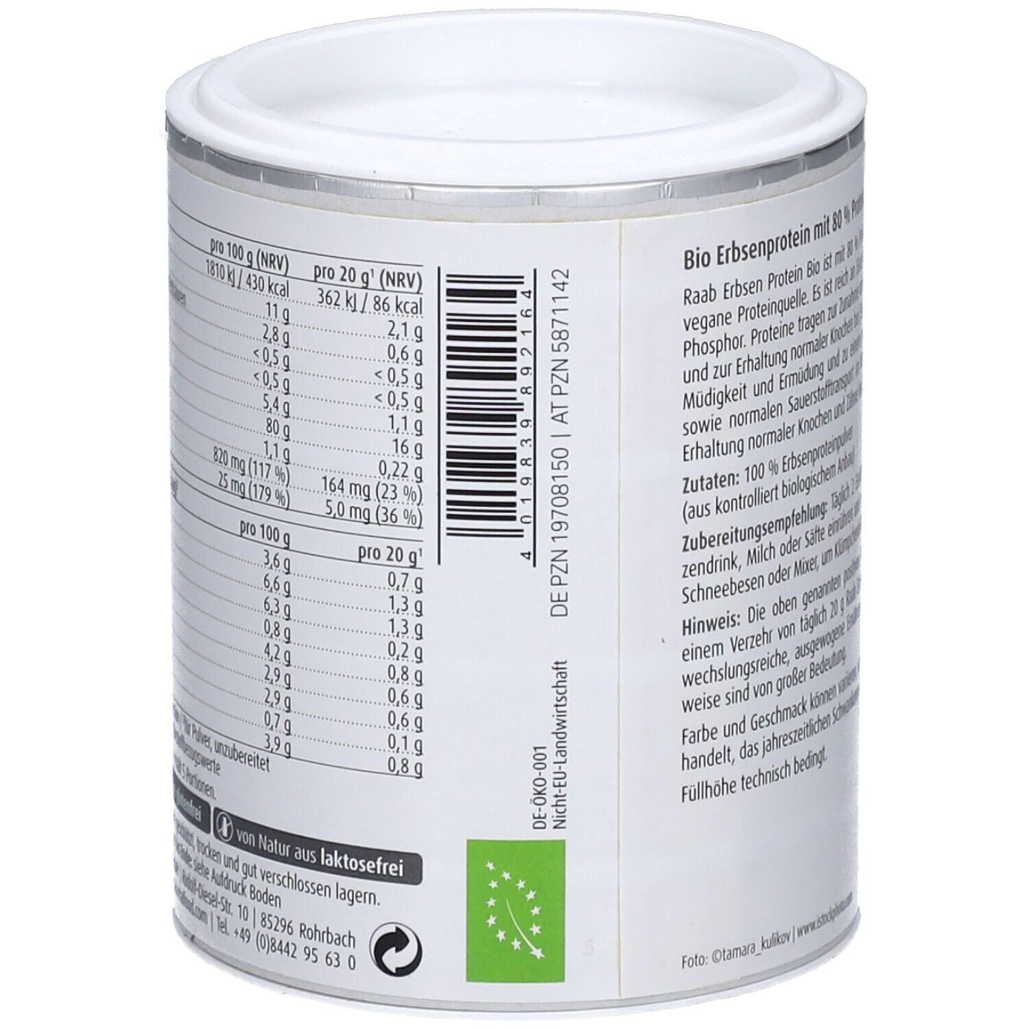 Boîte de poudre de protéine de pois Raab Vitalfood Bio. Dos avec tableau nutritionnel. Label bio, 100g.