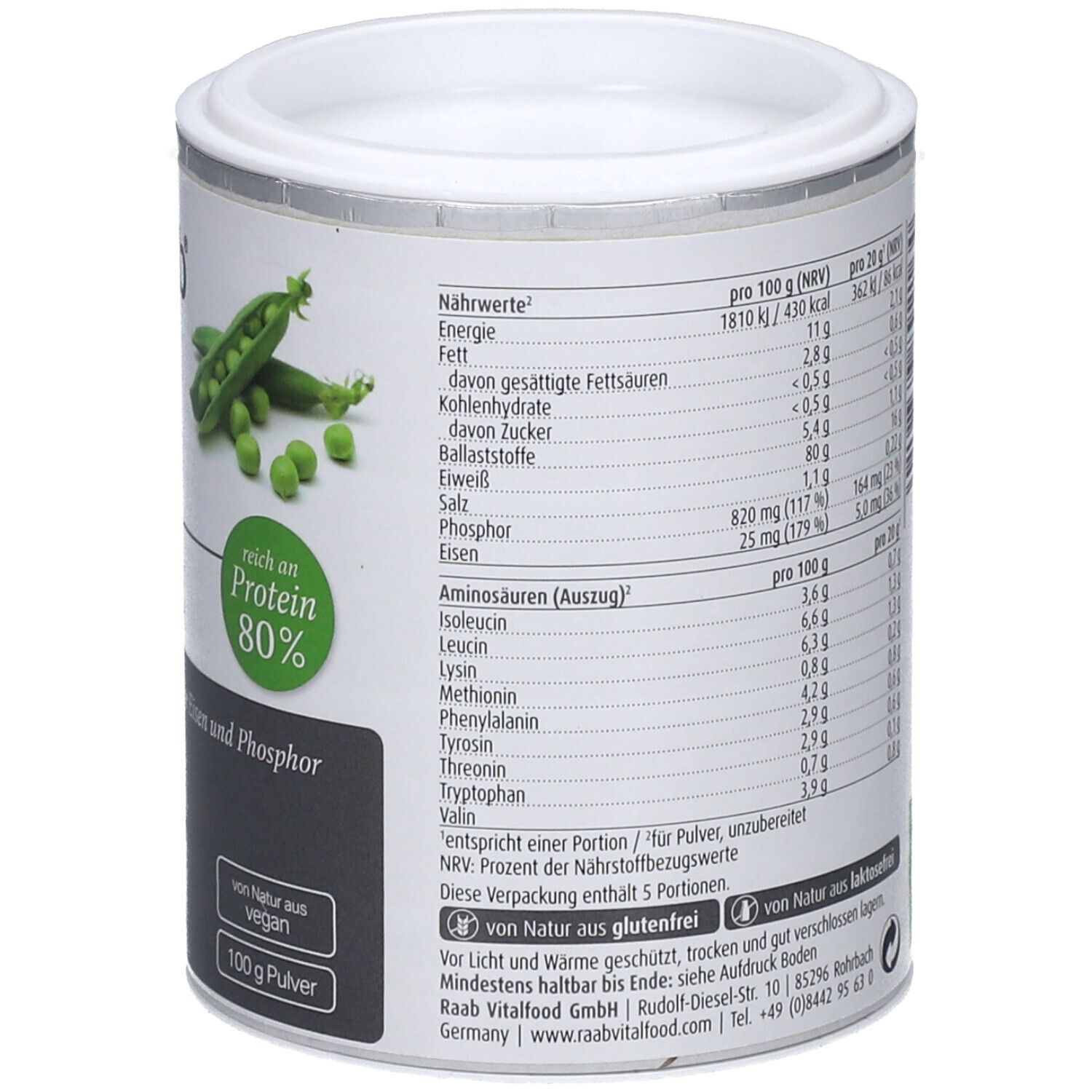 Boîte de poudre de protéine de pois Raab Vitalfood Bio. Dos avec tableau nutritionnel. Label bio, 100g.