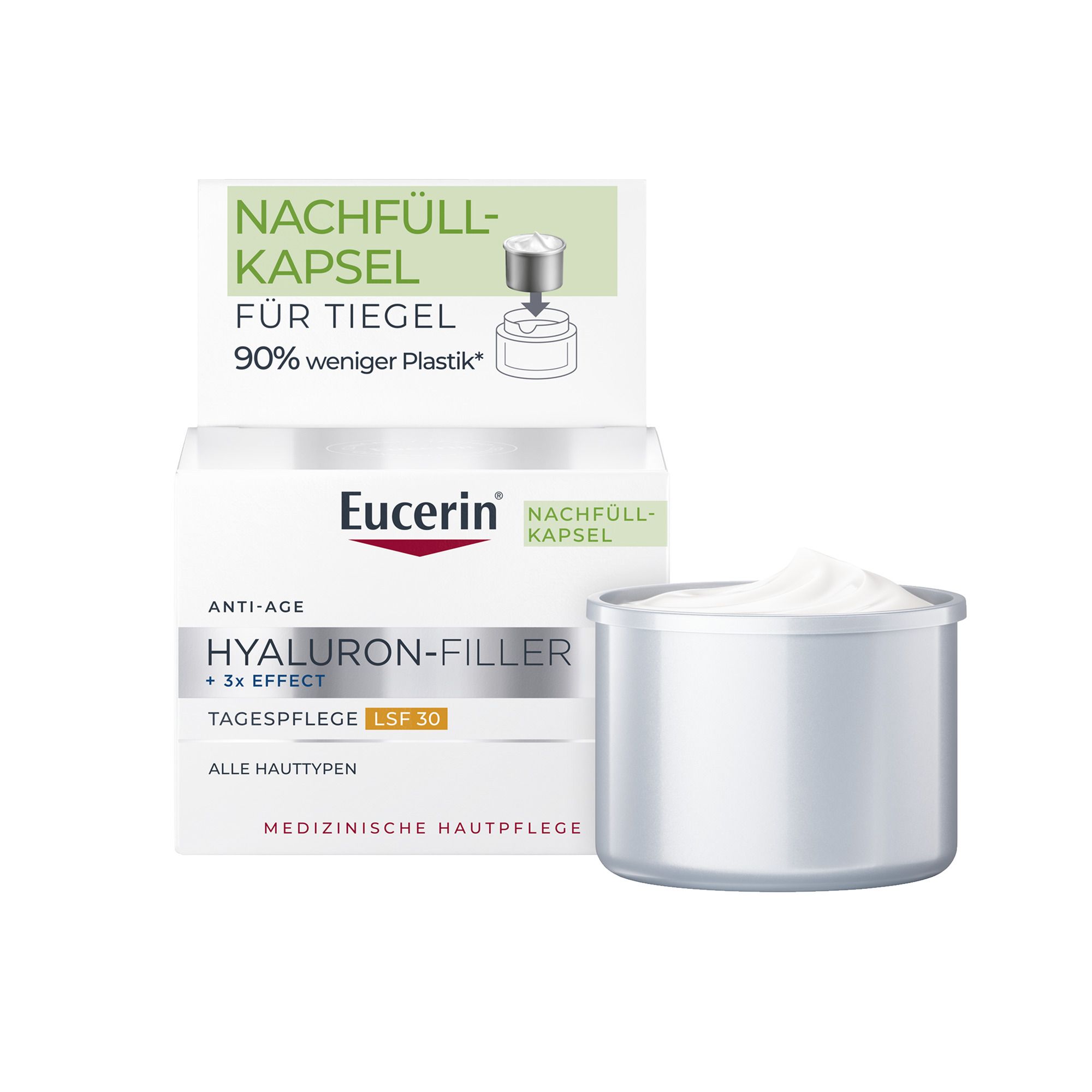 Eucerin Hyaluron-Filler + 3x Effect Tag LSF 30 Nachfüllkapsel. Verpackung mit Produkt und Nachfüllkapsel.