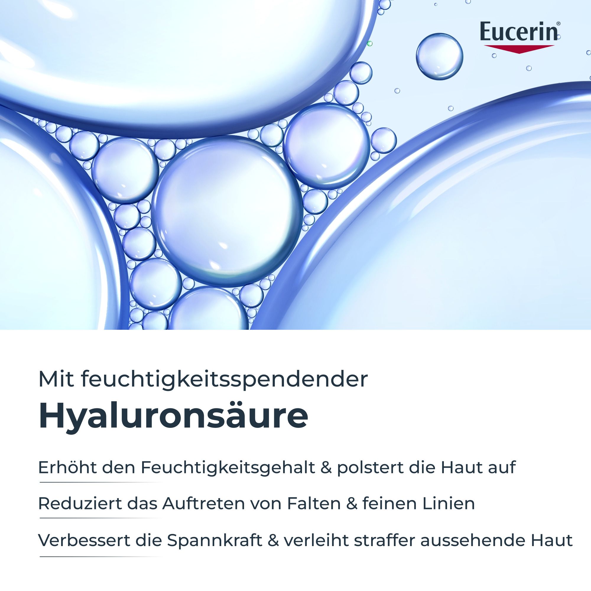 Abbildung von Wasserblasen. Text: Hyaluronsäure. Erhöht Feuchtigkeit, reduziert Falten, verbessert Spannkraft. Eucerin Logo.