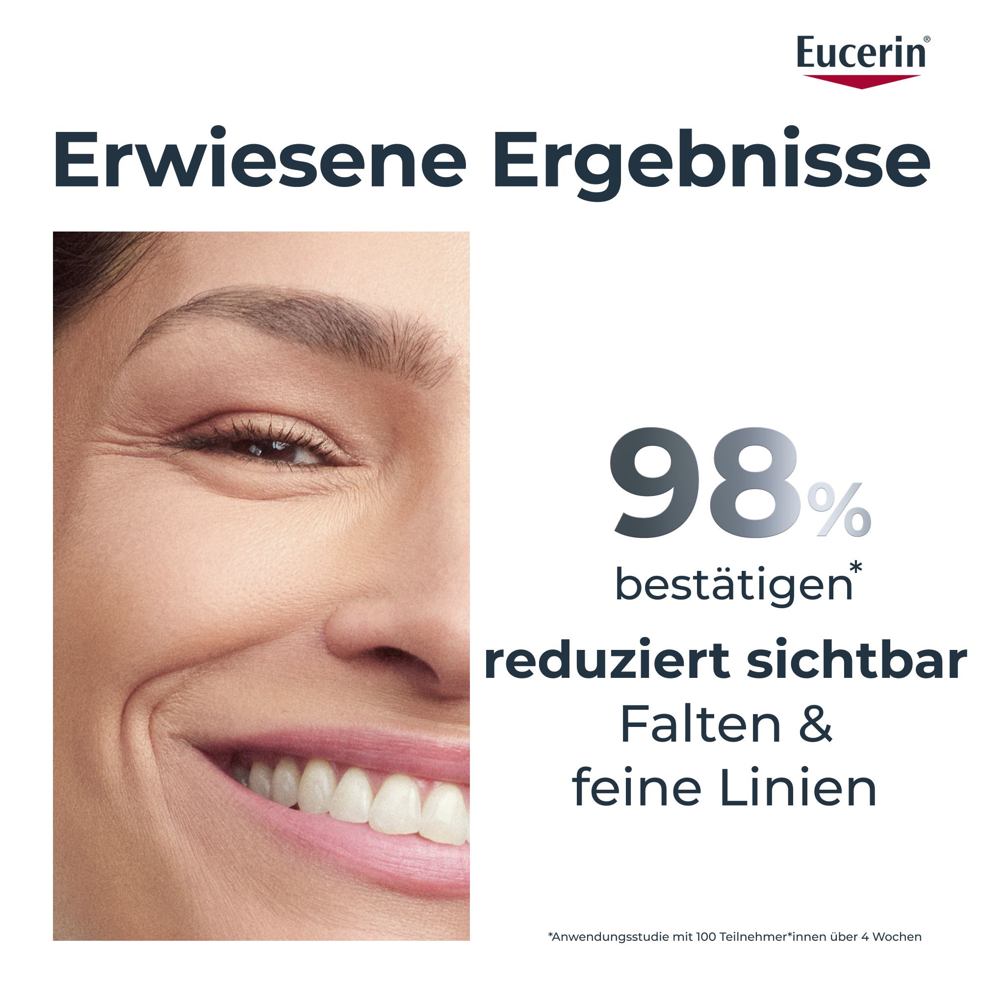 Frau lächelt. Text: Erwiesene Ergebnisse: 98% bestätigen reduzierte Falten & feine Linien. Eucerin Logo.